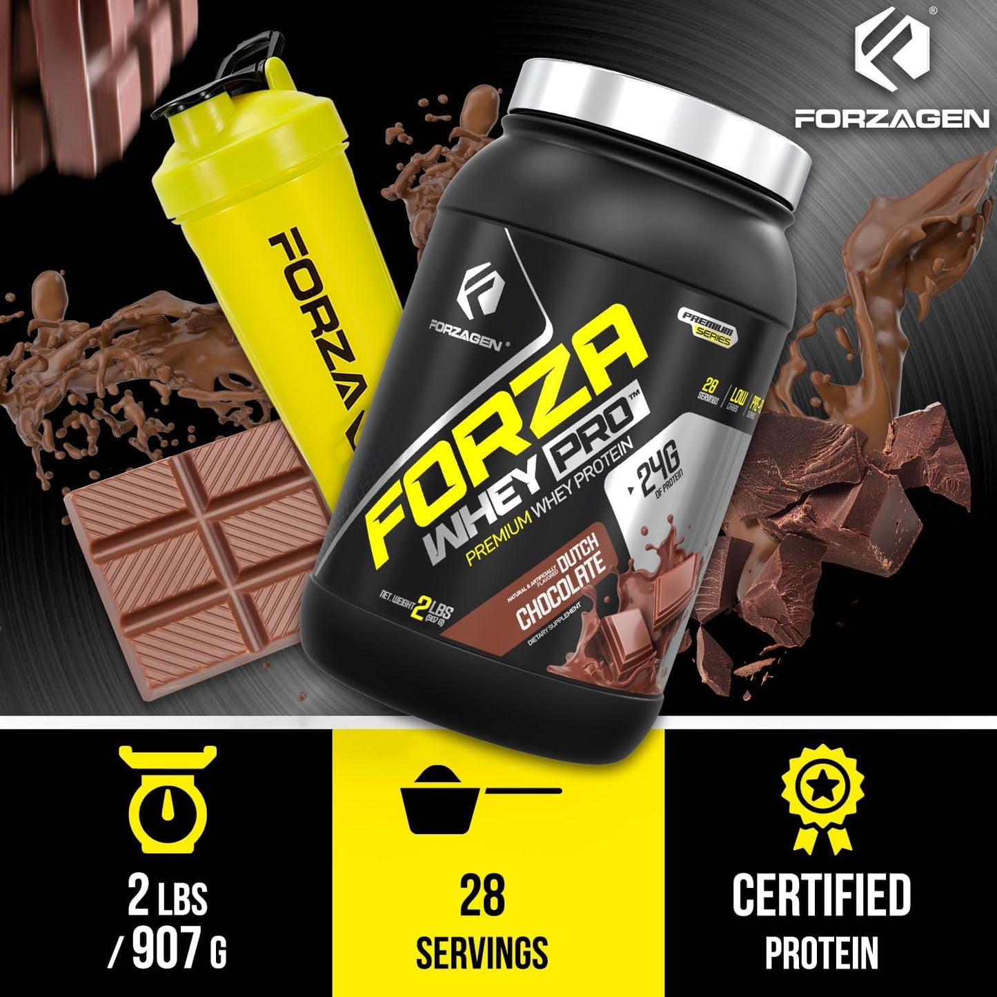 Forzagen Whey PRO Low Carb Protein Powder - Dutch Chocolate Flavor | 24g Protein per Serving, No Sugar Added, Gluten Free, BCAA, Ideal for Men & Women, 2 lbs.