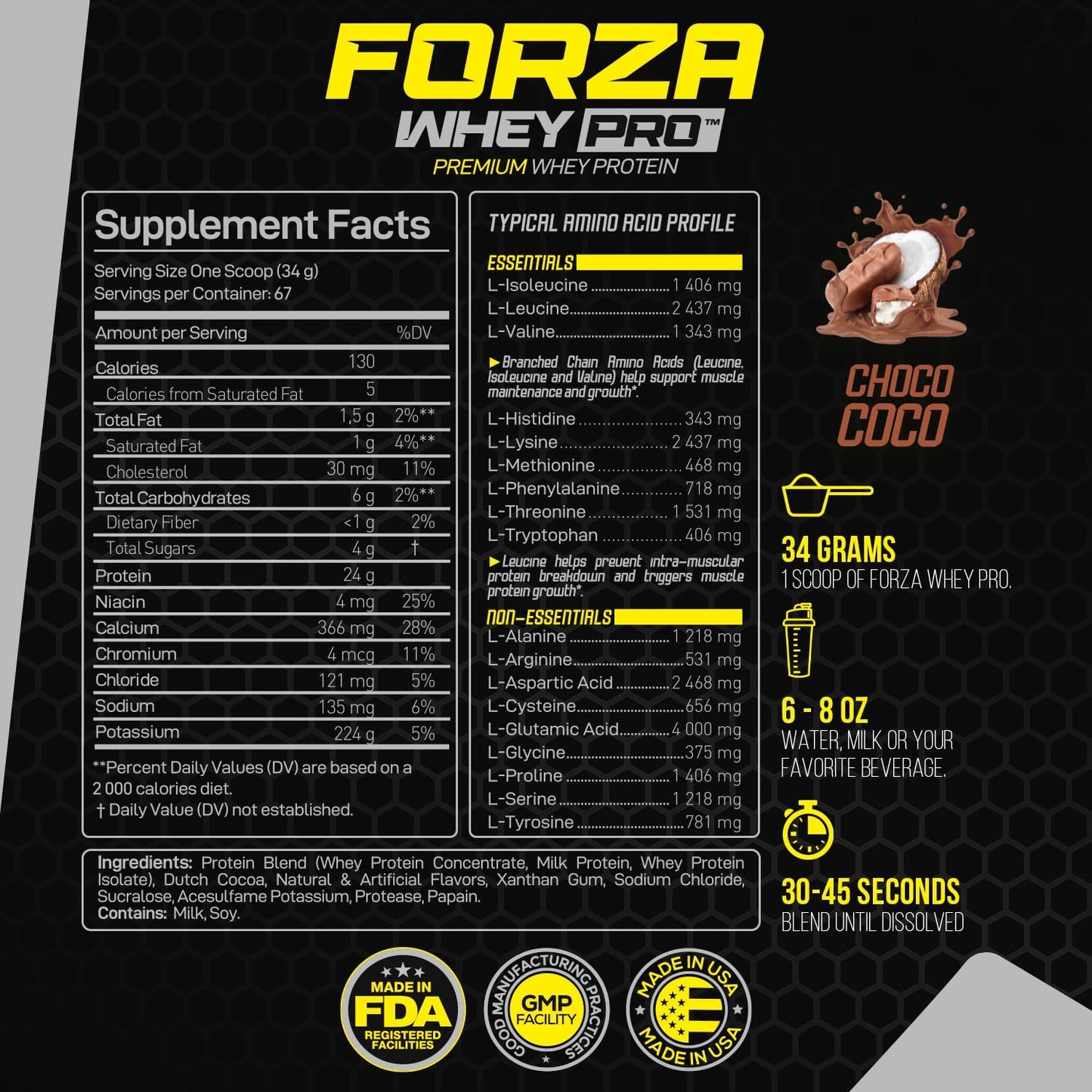 Forzagen Whey PRO Low Carb Protein Powder 5 lbs - ChocoCoco Flavor | 24g Protein, No Sugar, Gluten Free, BCAA, Ideal for Shakes & Mixes, Men & Women - 67 Servings