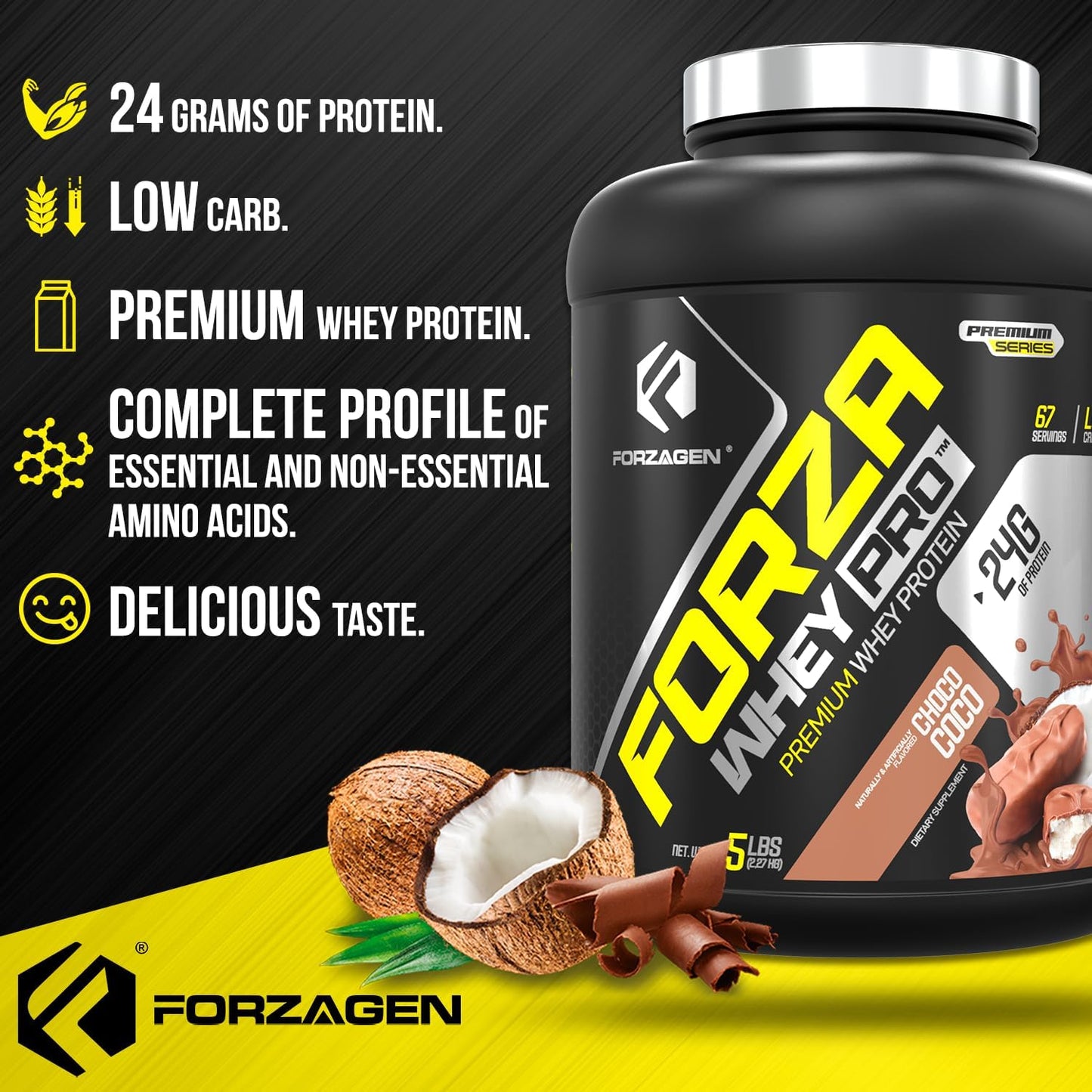 Forzagen Whey PRO Low Carb Protein Powder 5 lbs - ChocoCoco Flavor | 24g Protein, No Sugar, Gluten Free, BCAA, Ideal for Shakes & Mixes, Men & Women - 67 Servings