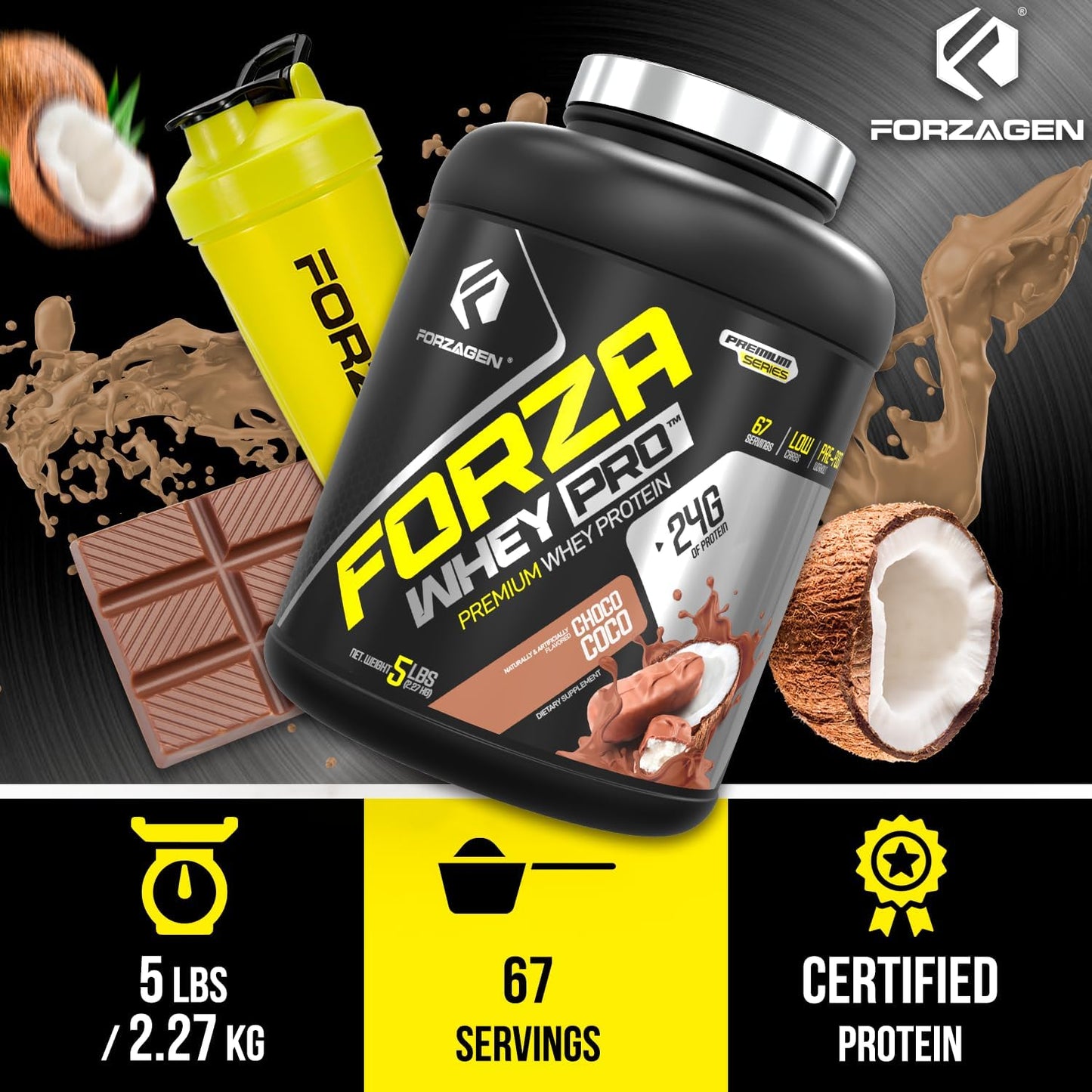 Forzagen Whey PRO Low Carb Protein Powder 5 lbs - ChocoCoco Flavor | 24g Protein, No Sugar, Gluten Free, BCAA, Ideal for Shakes & Mixes, Men & Women - 67 Servings