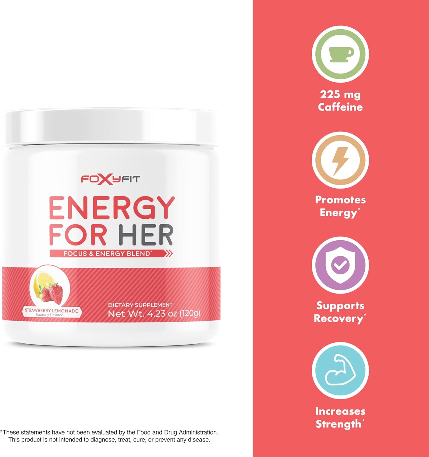FoxyFit Energy for Women - Strawberry Lemonade Flavor - 30 Servings - Energy and Recovery Support by Foxy Fit
