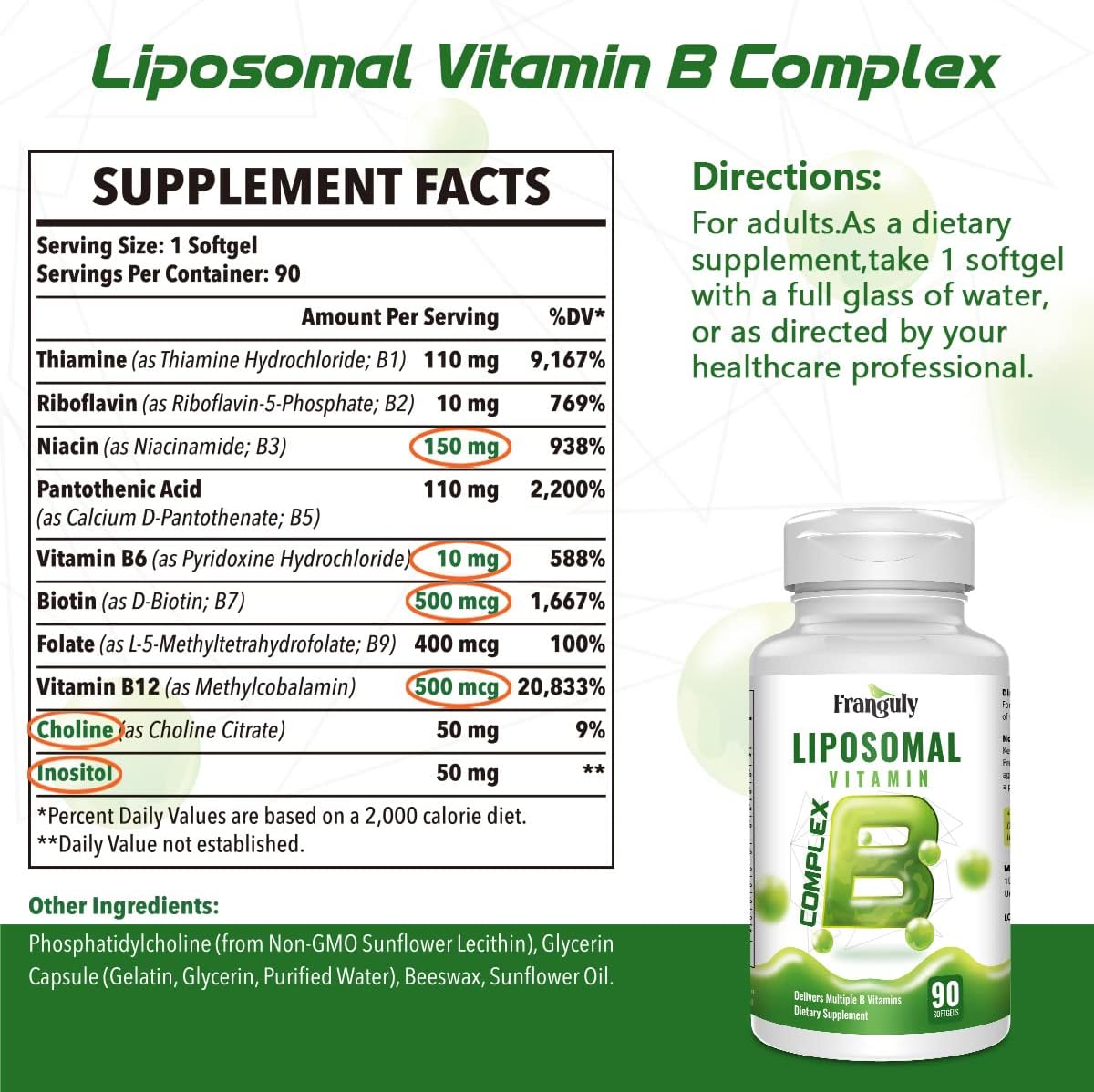 Franguly Liposomal B Complex Vitamins with Choline Inositol - Immune, Energy, Brain & Heart Support - 180 Softgels