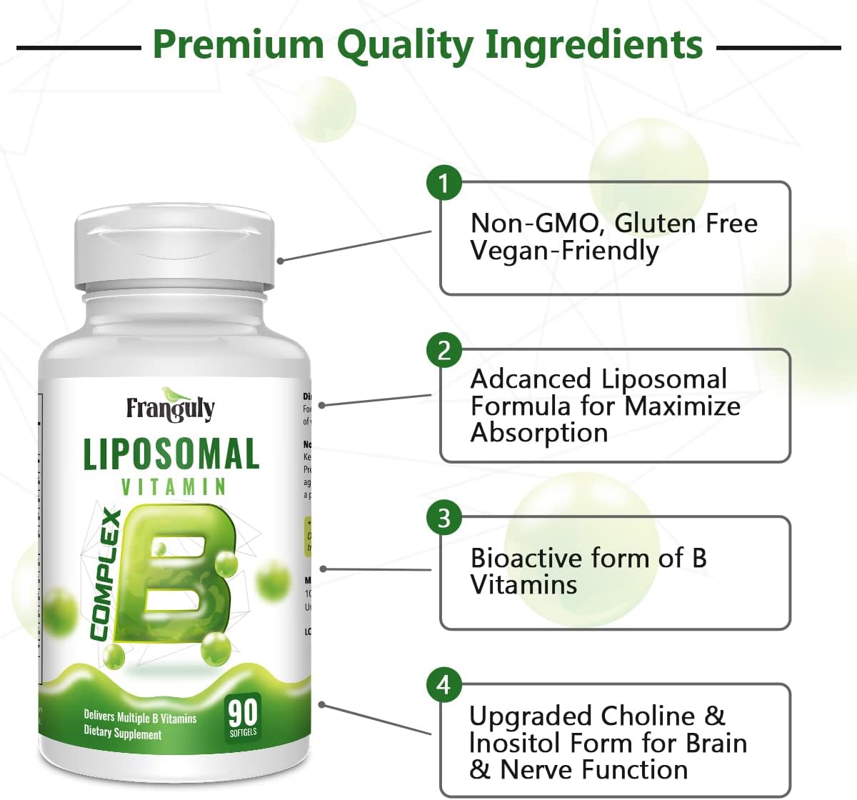 Franguly Liposomal B Complex Vitamins with Choline Inositol - Immune, Energy, Brain & Heart Support - 180 Softgels