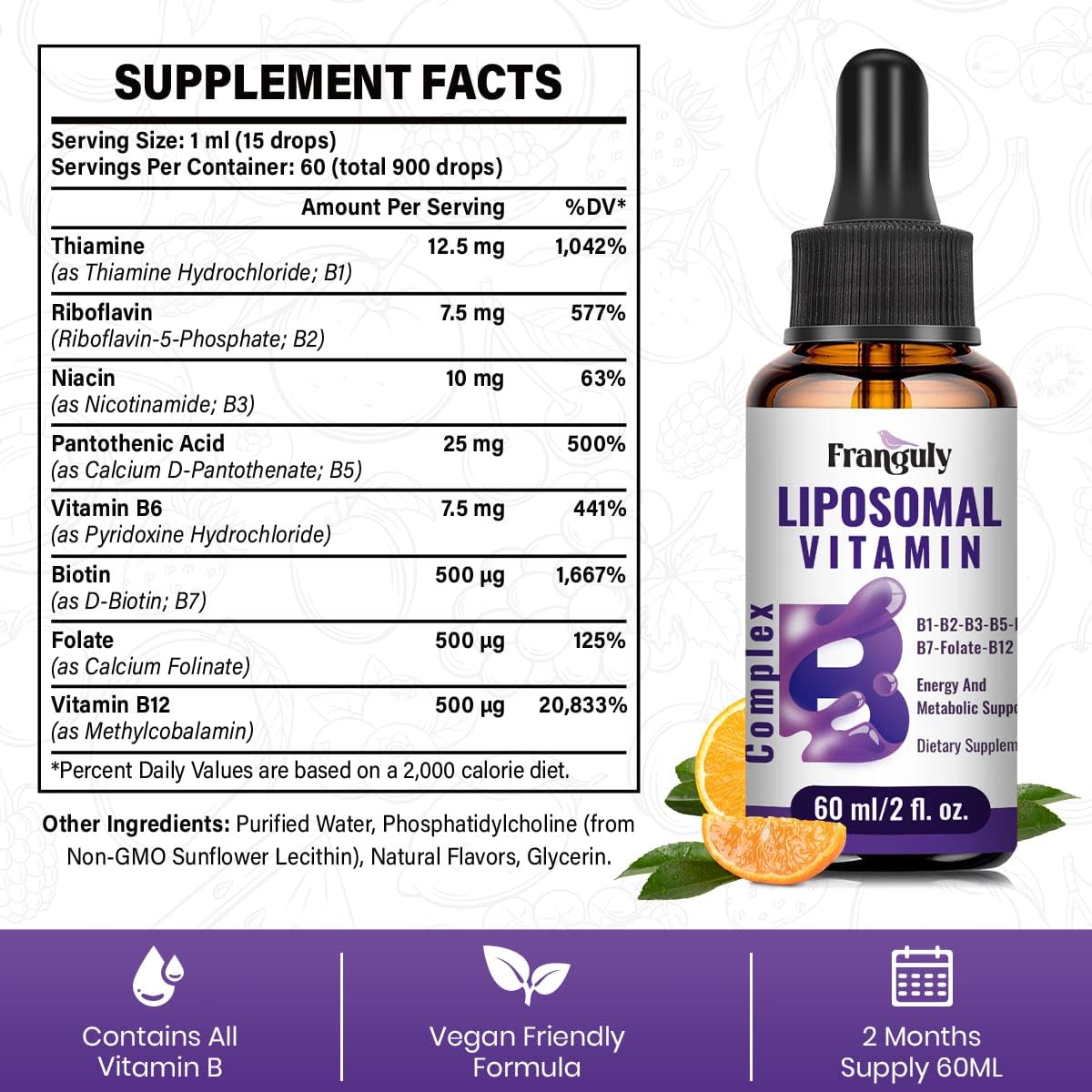 Franguly Liposomal Vitamin B Complex Liquid Sublingual Supplement for Energy & Immune Support - 6.0 oz - Methylated B12, B1, B2, B3, B5, B6, Folate, Biotin - Men & Women