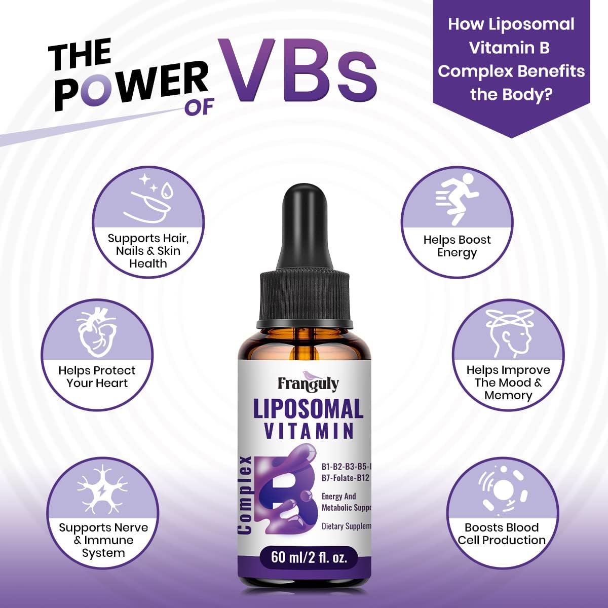 Franguly Liposomal Vitamin B Complex Liquid Sublingual Supplement for Energy & Immune Support - 6.0 oz - Methylated B12, B1, B2, B3, B5, B6, Folate, Biotin - Men & Women