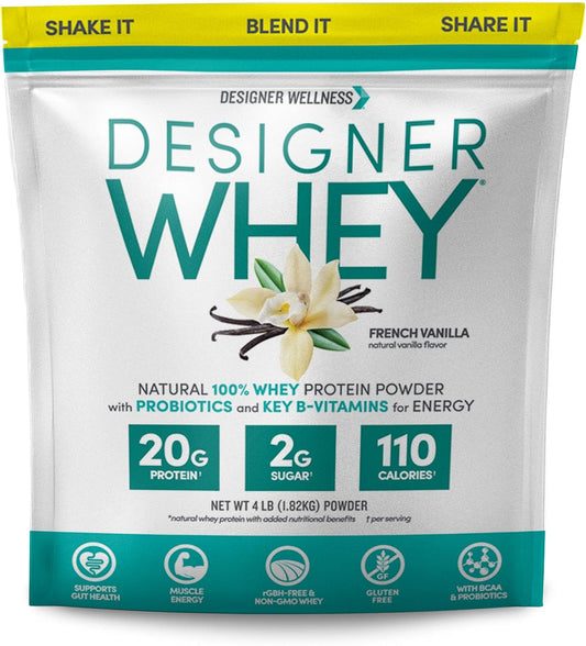 French Vanilla Designer Whey Protein Powder with Probiotics, Fiber, and B-Vitamins for Energy - 4 lb Gluten-Free Option