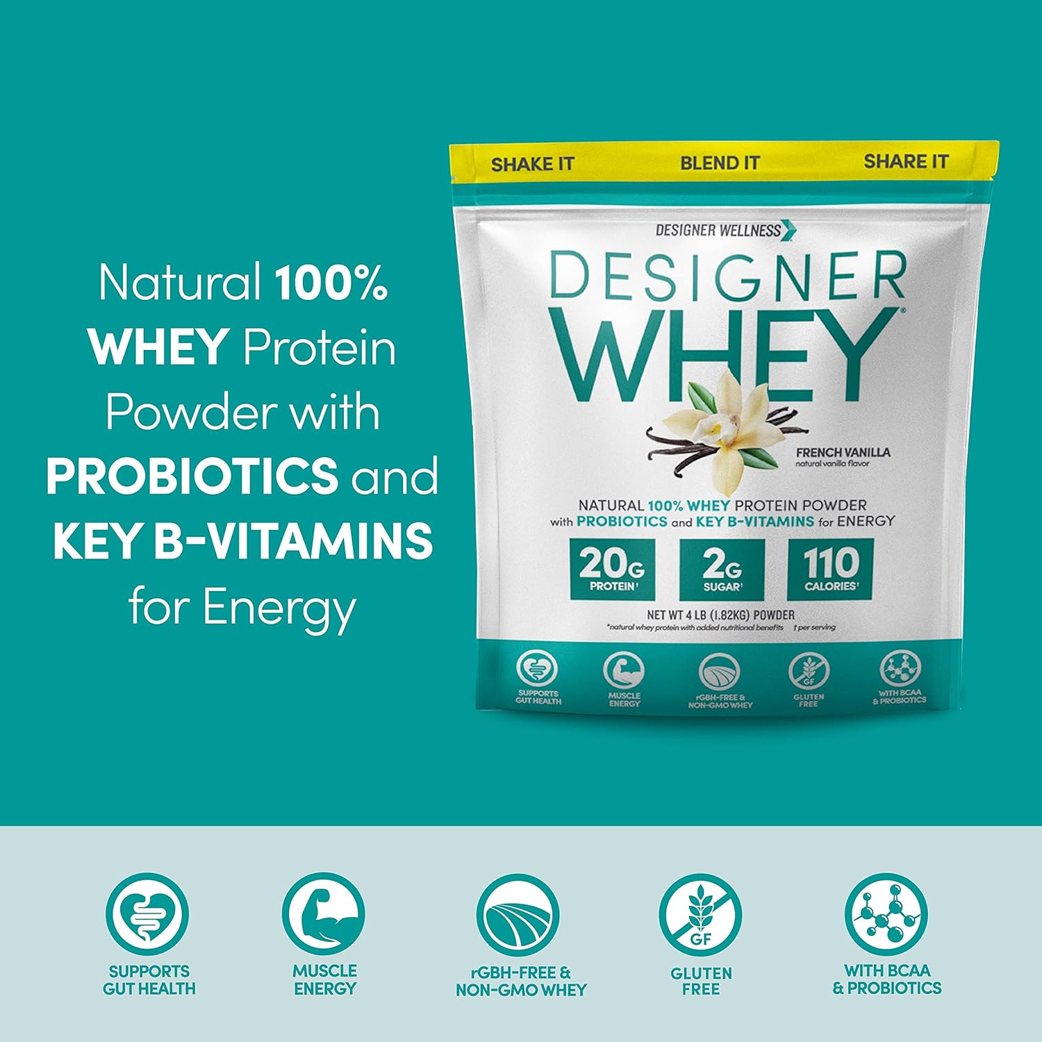 French Vanilla Designer Whey Protein Powder with Probiotics, Fiber, and B-Vitamins for Energy - 4 lb Gluten-Free Option