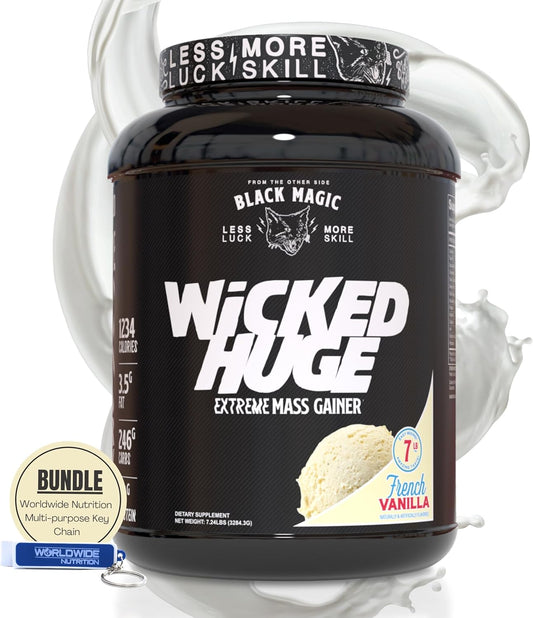 French Vanilla Mass Gainer Protein Powder Bundle for Muscle Support - Compatible with Black Magic Wicked Huge, 7.24 LBS Supplement with Keychain