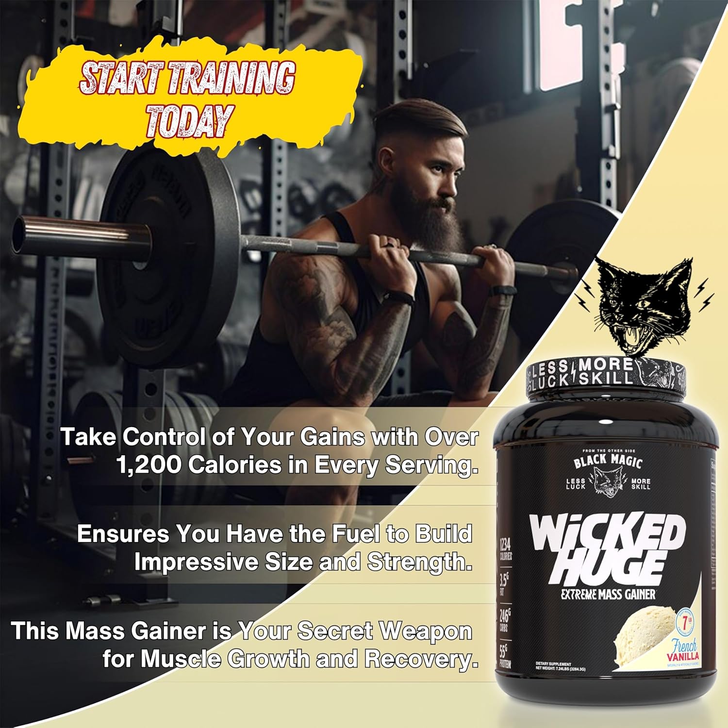 French Vanilla Mass Gainer Protein Powder Bundle for Muscle Support - Compatible with Black Magic Wicked Huge, 7.24 LBS Supplement with Keychain