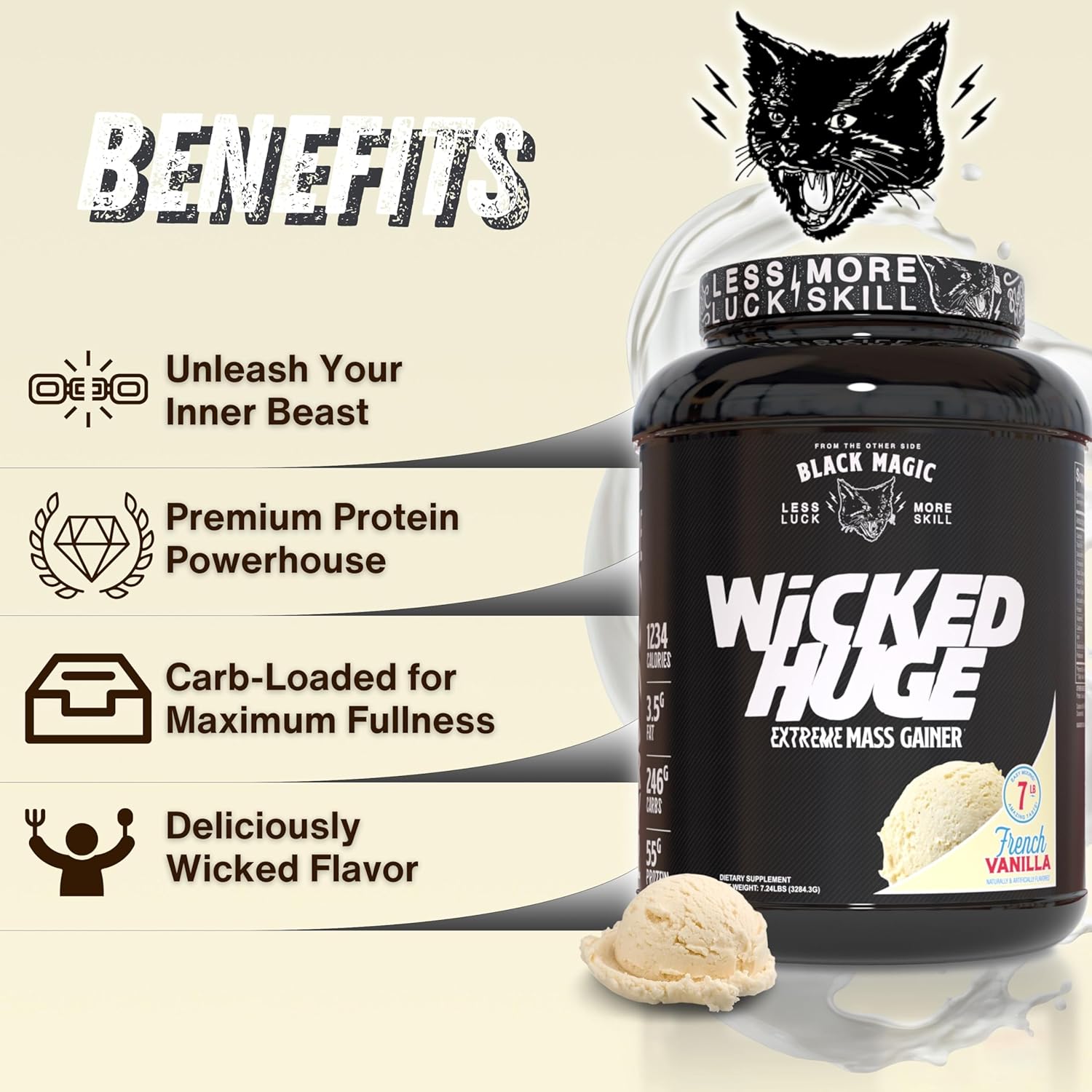 French Vanilla Mass Gainer Protein Powder Bundle for Muscle Support - Compatible with Black Magic Wicked Huge, 7.24 LBS Supplement with Keychain
