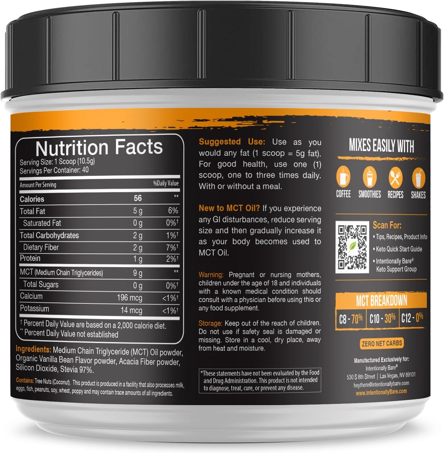 French Vanilla MCT Coffee Creamer with C8 MCT Oil Powder - Boost Energy and Metabolism - Ideal for Baking, Shakes, and Keto Coffee - 40 Servings