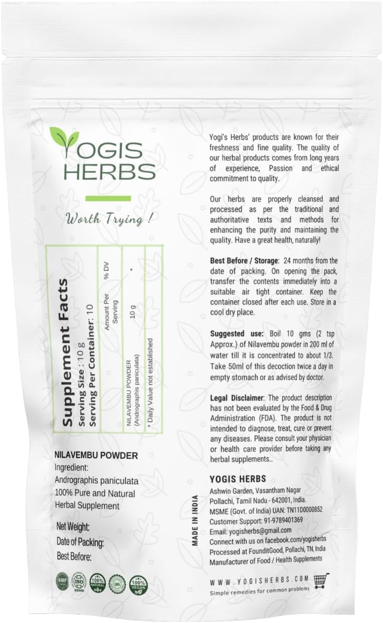 Fresh and Pure YOGIS HERBS Nilavembu Powder - 1lb Pack of 1 - Andrographis Paniculata - Dark Green Color