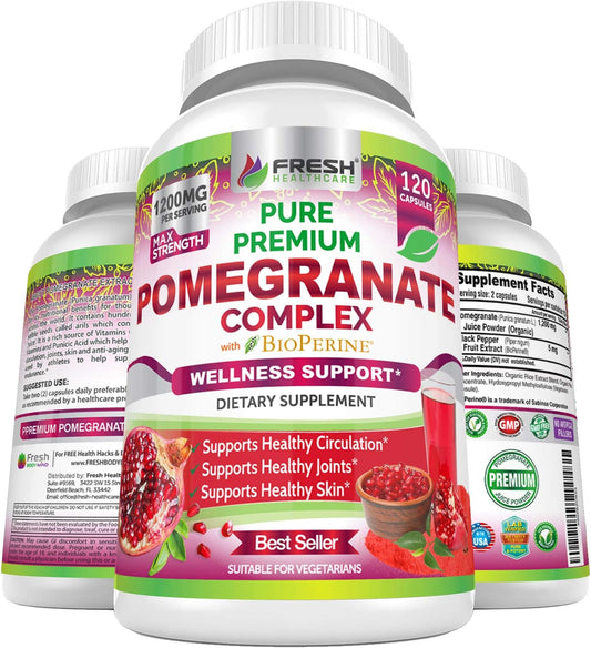 FRESH HEALTHCARE Pomegranate Juice Powder Supplement 1200mg with Bioperine Black Pepper - Supports Blood Pressure, Joints, Skin, & Anti Aging - Antioxidant with Vitamin C & K - 120 Vegan Capsules
