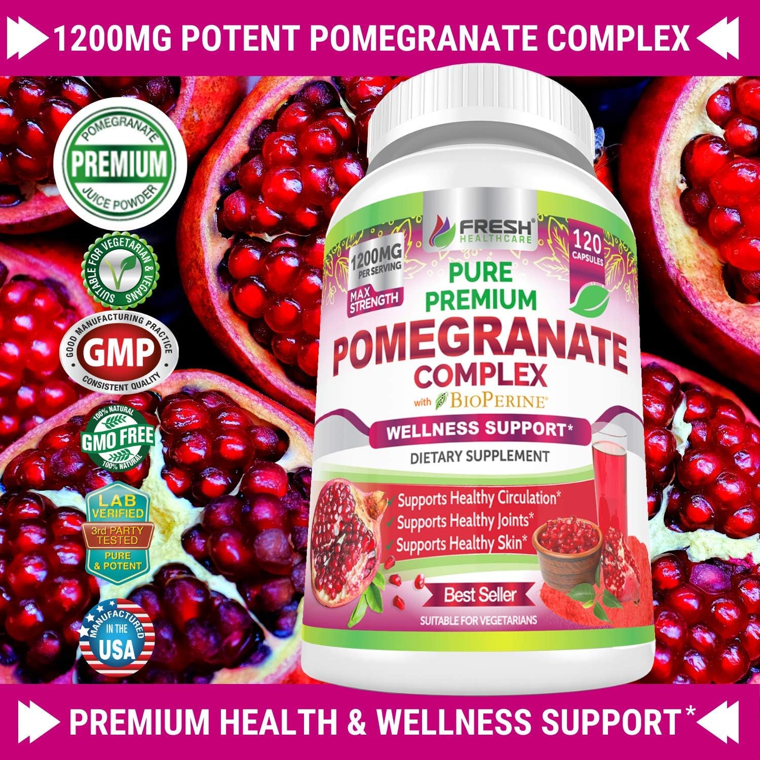 FRESH HEALTHCARE Pomegranate Juice Powder Supplement 1200mg with Bioperine Black Pepper - Supports Blood Pressure, Joints, Skin, & Anti Aging - Antioxidant with Vitamin C & K - 120 Vegan Capsules