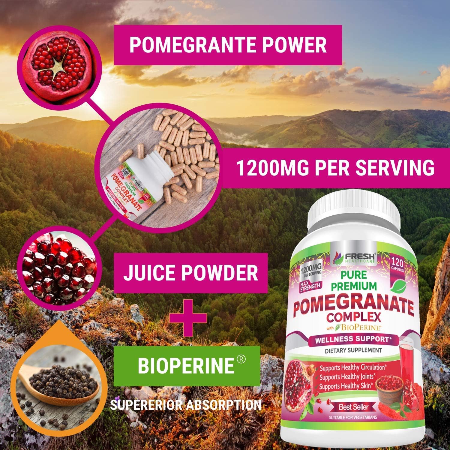 FRESH HEALTHCARE Pomegranate Juice Powder Supplement 1200mg with Bioperine Black Pepper - Supports Blood Pressure, Joints, Skin, & Anti Aging - Antioxidant with Vitamin C & K - 120 Vegan Capsules