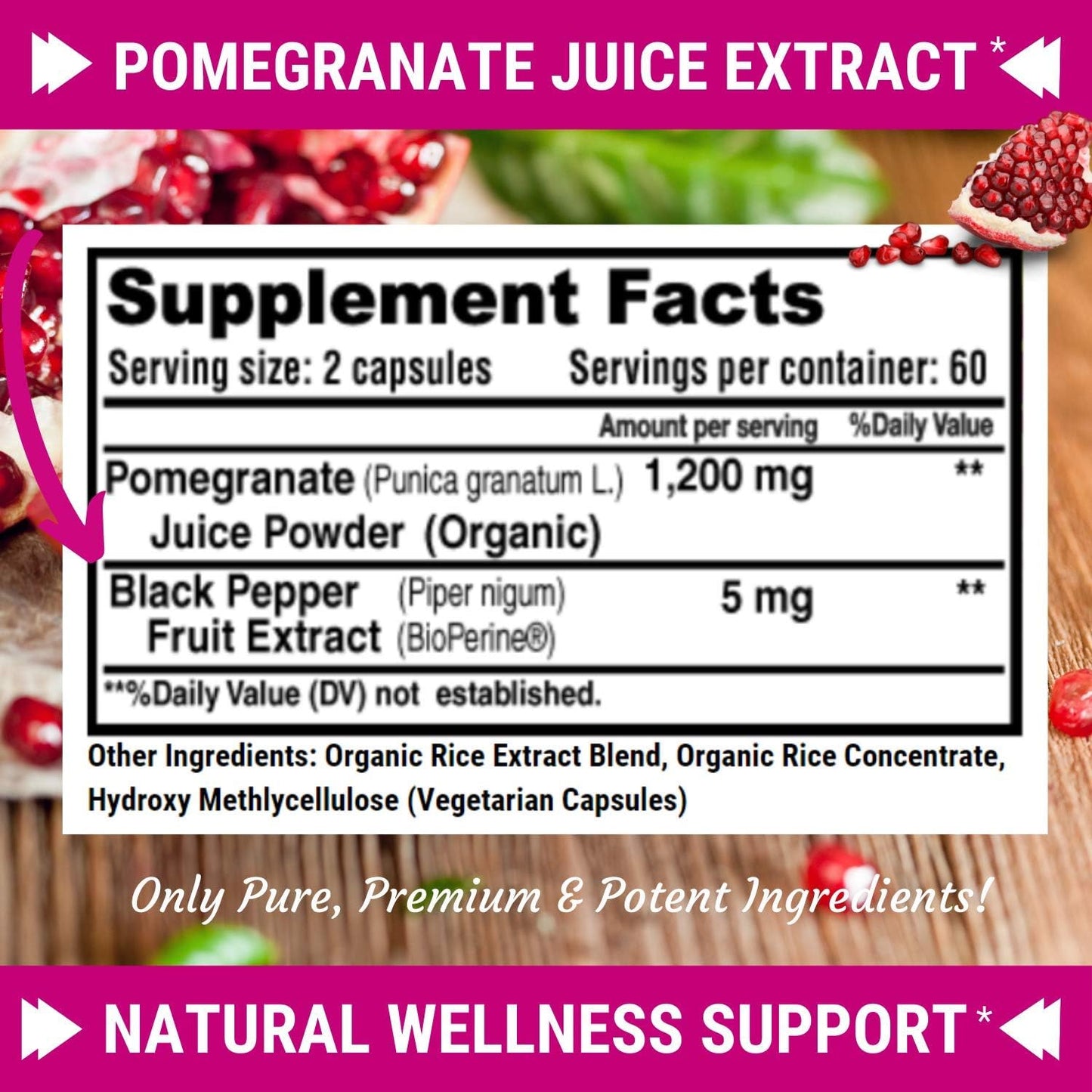 FRESH HEALTHCARE Pomegranate Juice Powder Supplement 1200mg with Bioperine Black Pepper - Supports Blood Pressure, Joints, Skin, & Anti Aging - Antioxidant with Vitamin C & K - 120 Vegan Capsules
