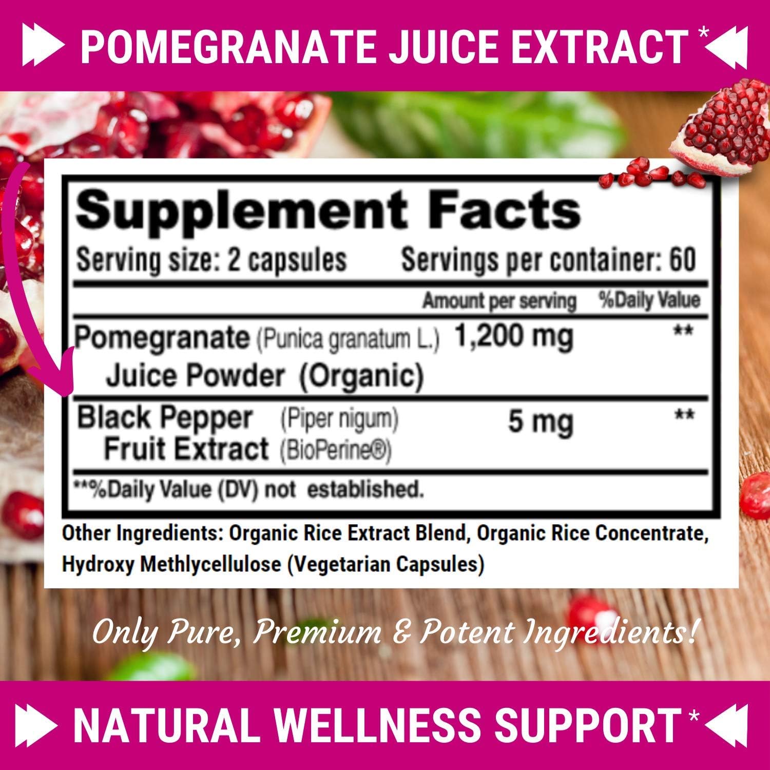 FRESH HEALTHCARE Pomegranate Juice Powder Supplement 1200mg with Bioperine Black Pepper - Supports Blood Pressure, Joints, Skin, & Anti Aging - Antioxidant with Vitamin C & K - 120 Vegan Capsules