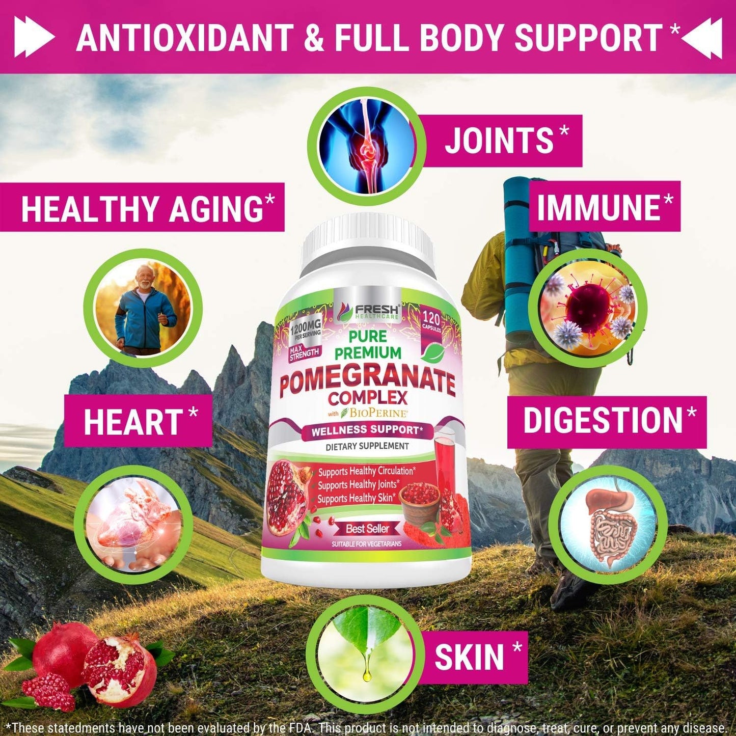 FRESH HEALTHCARE Pomegranate Juice Powder Supplement 1200mg with Bioperine Black Pepper - Supports Blood Pressure, Joints, Skin, & Anti Aging - Antioxidant with Vitamin C & K - 120 Vegan Capsules