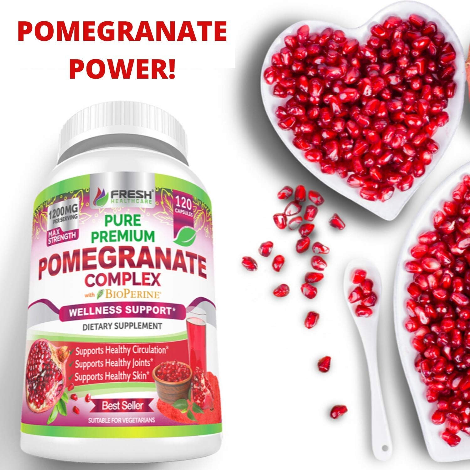 FRESH HEALTHCARE Pomegranate Juice Powder Supplement 1200mg with Bioperine Black Pepper - Supports Blood Pressure, Joints, Skin, & Anti Aging - Antioxidant with Vitamin C & K - 120 Vegan Capsules