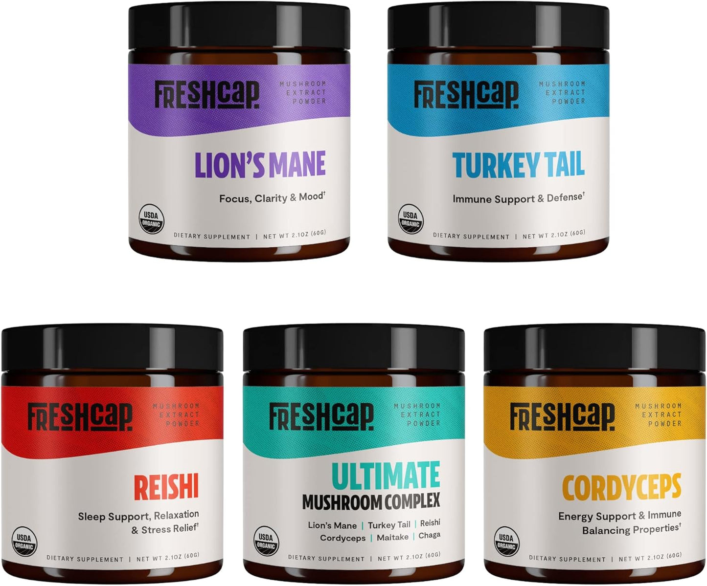 FreshCap Ultimate Mushroom Starter Kit - Cordyceps, Lion's Mane, Turkey Tail, Reishi, Ultimate Mushroom Complex - 60 Servings