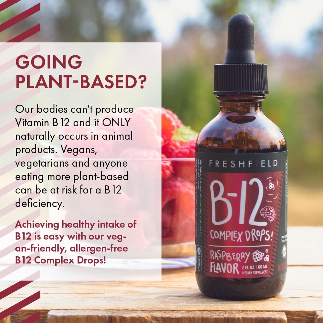 Freshfield Naturals B Complex Drops: Vegan Liquid Formula with B12, B2, B3, B5, B6 | 1200 mcg Methylcobalamin for Energy, Mood, Heart Health