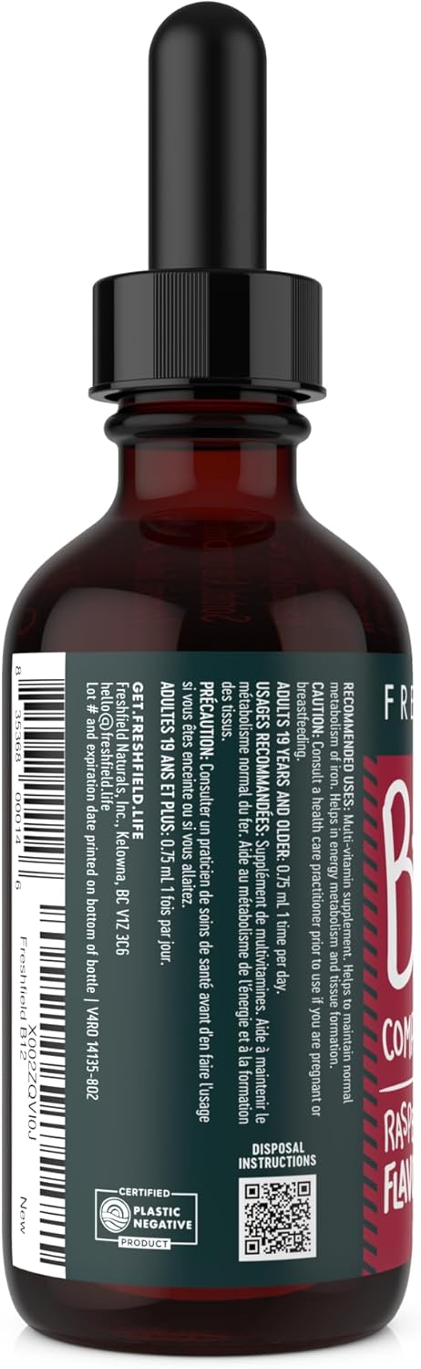 Freshfield Naturals B Complex Drops: Vegan Liquid Formula with B12, B2, B3, B5, B6 | 1200 mcg Methylcobalamin for Energy, Mood, Heart Health