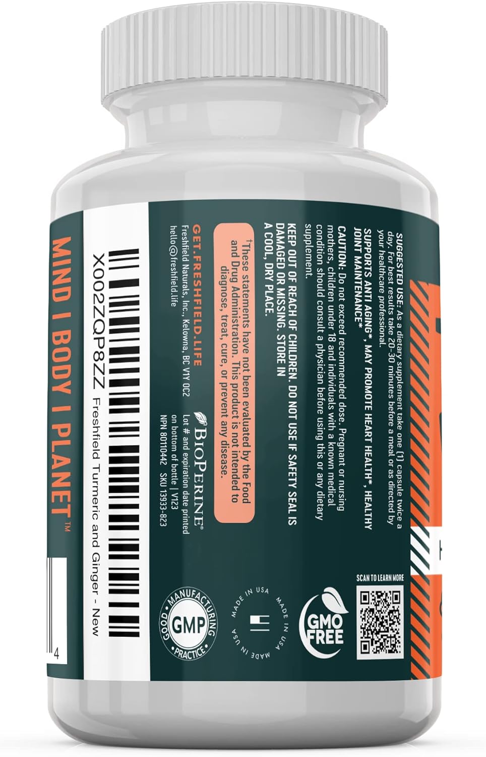 Freshfield Naturals Turmeric and Ginger Supplement with Bioperine® - Vegan Friendly Curcumin Pills, 600mg Bioactive Compounds, High Absorption, 95% Curcuminoids