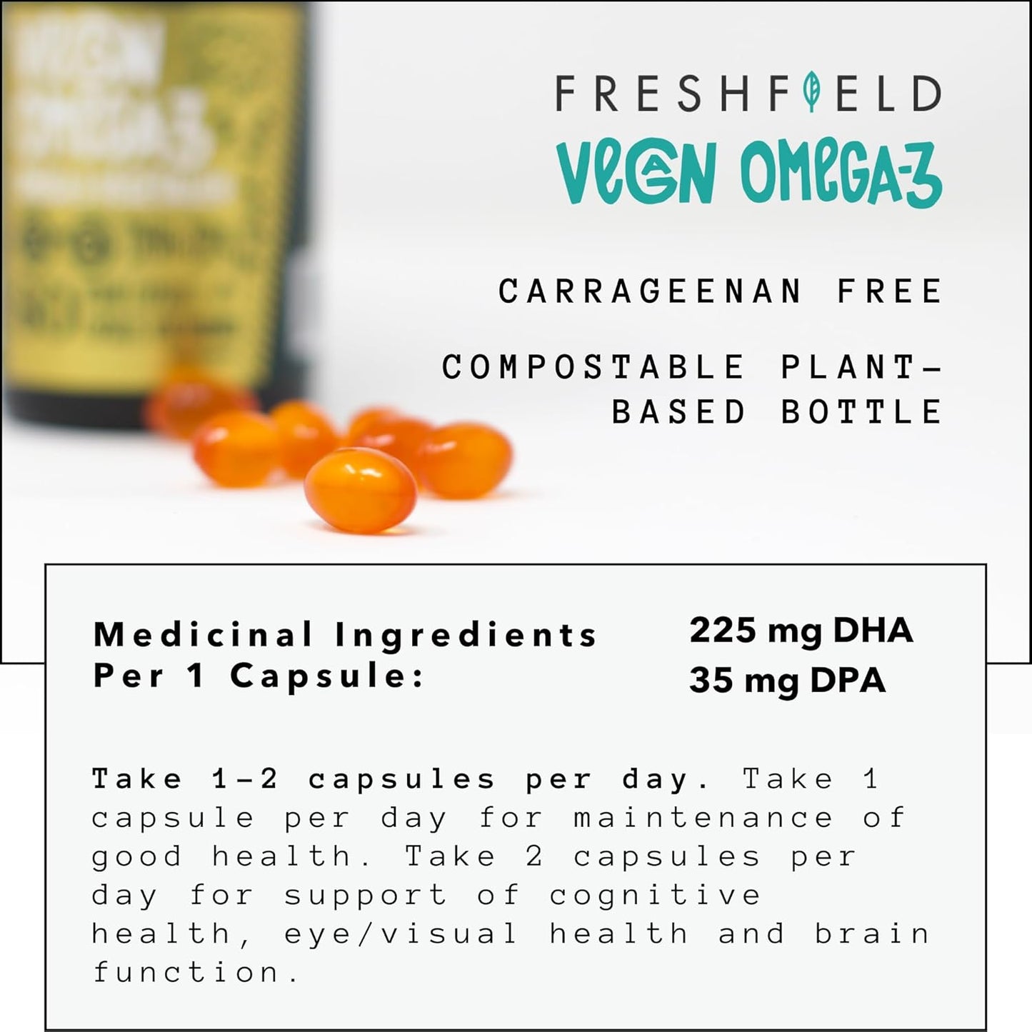 Freshfield Naturals Vegan Omega 3 DHA: Sustainable, Carrageenan Free, Third Party Tested, Compostable Bottle, Carbon Neutral - Supports Heart, Brain, Joint Health with DPA
