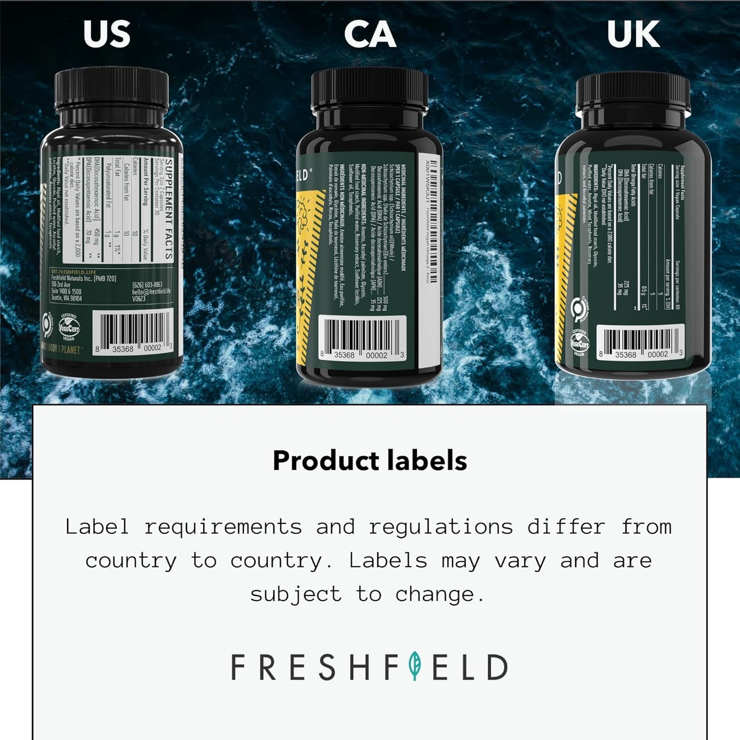 Freshfield Naturals Vegan Omega 3 DHA: Sustainable, Carrageenan Free, Third Party Tested, Compostable Bottle, Carbon Neutral - Supports Heart, Brain, Joint Health with DPA