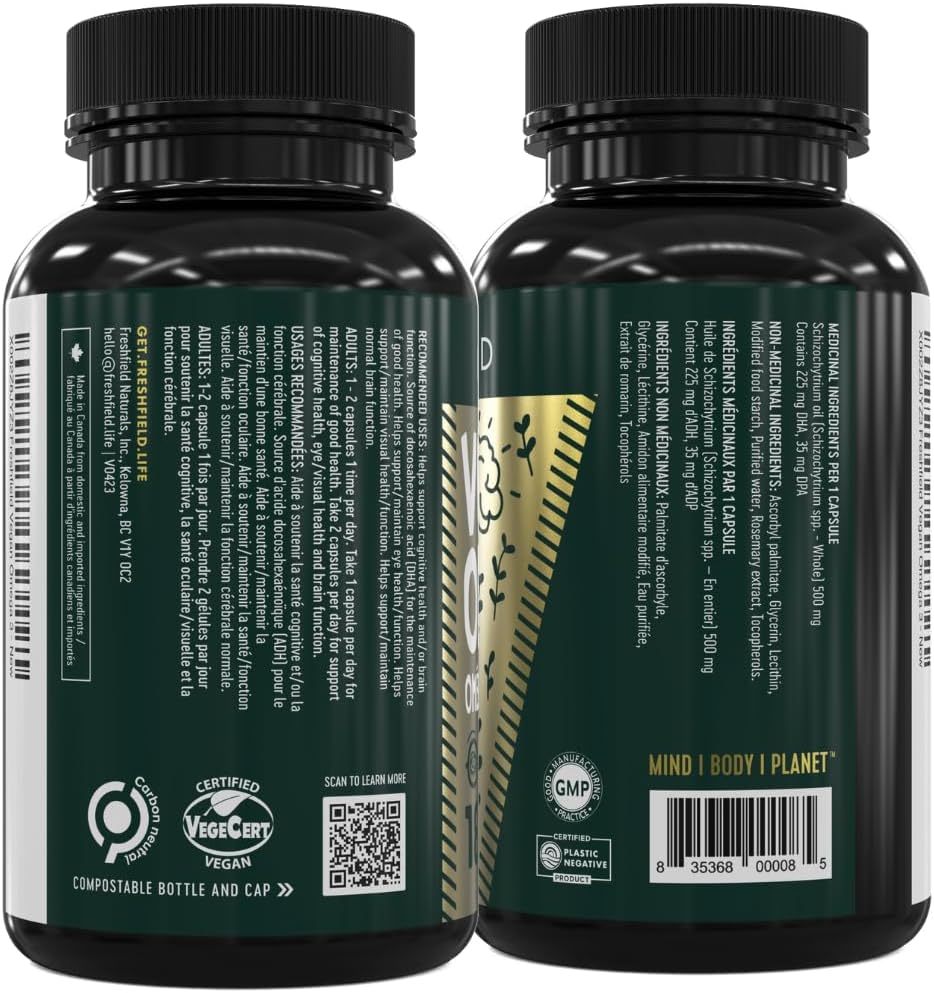 Freshfield Naturals Vegan Omega 3 DHA: Sustainable, Carrageenan Free, Third Party Tested, Compostable Bottle, Carbon Neutral - Supports Heart, Brain, Joint Health with DPA