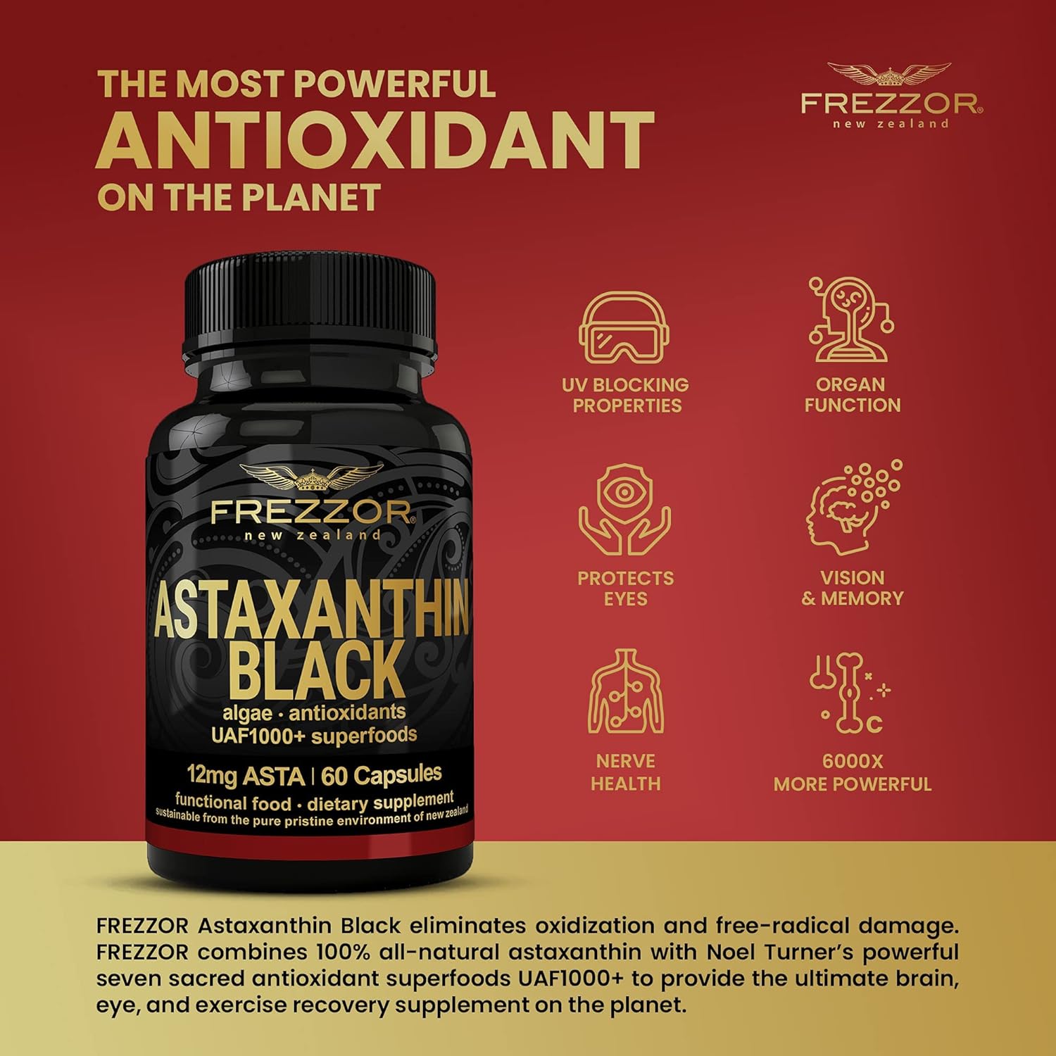 FREZZOR Astaxanthin Black: Super Antioxidant for Heart, Eye & Brain Health, 180 Softgels, 3 Month Supply