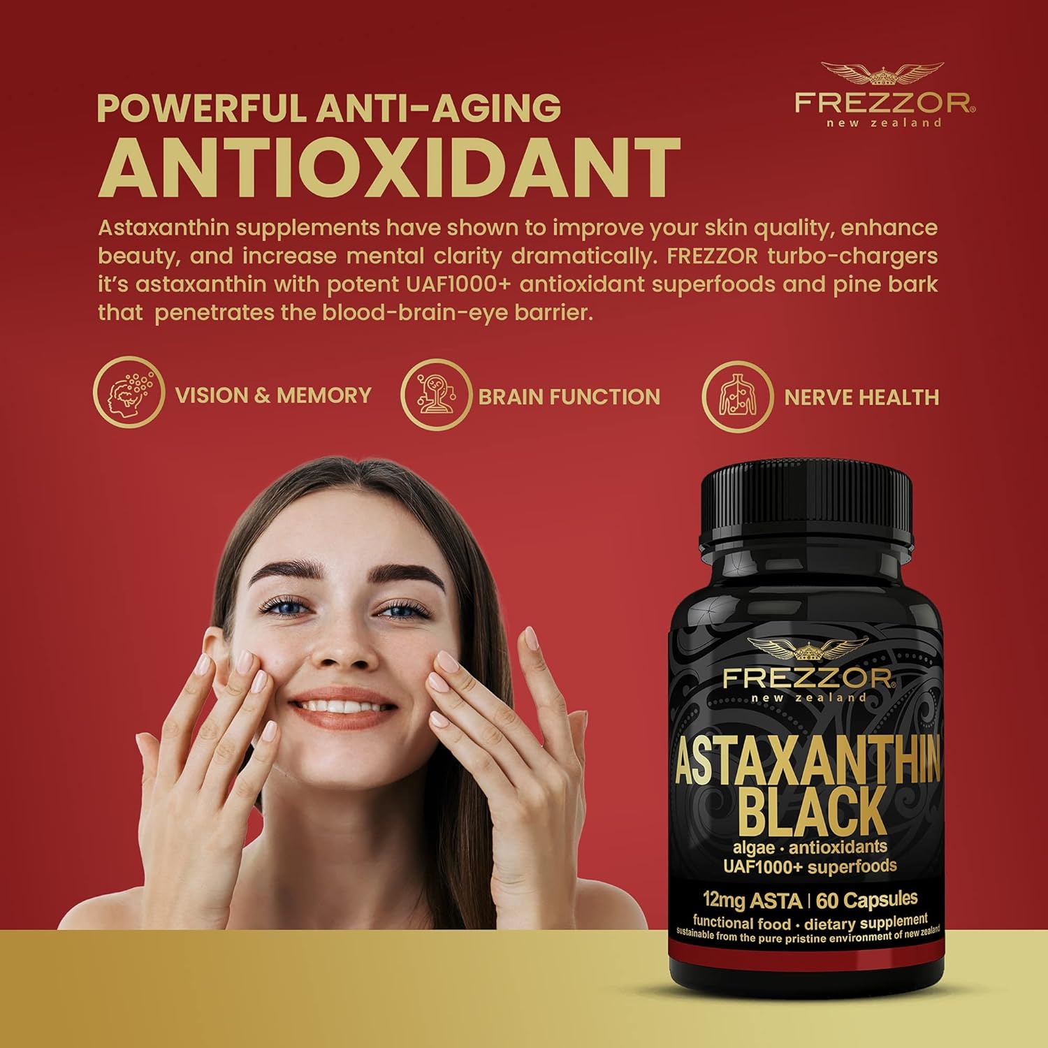 FREZZOR Astaxanthin Black: Super Antioxidant for Heart, Eye & Brain Health, 180 Softgels, 3 Month Supply
