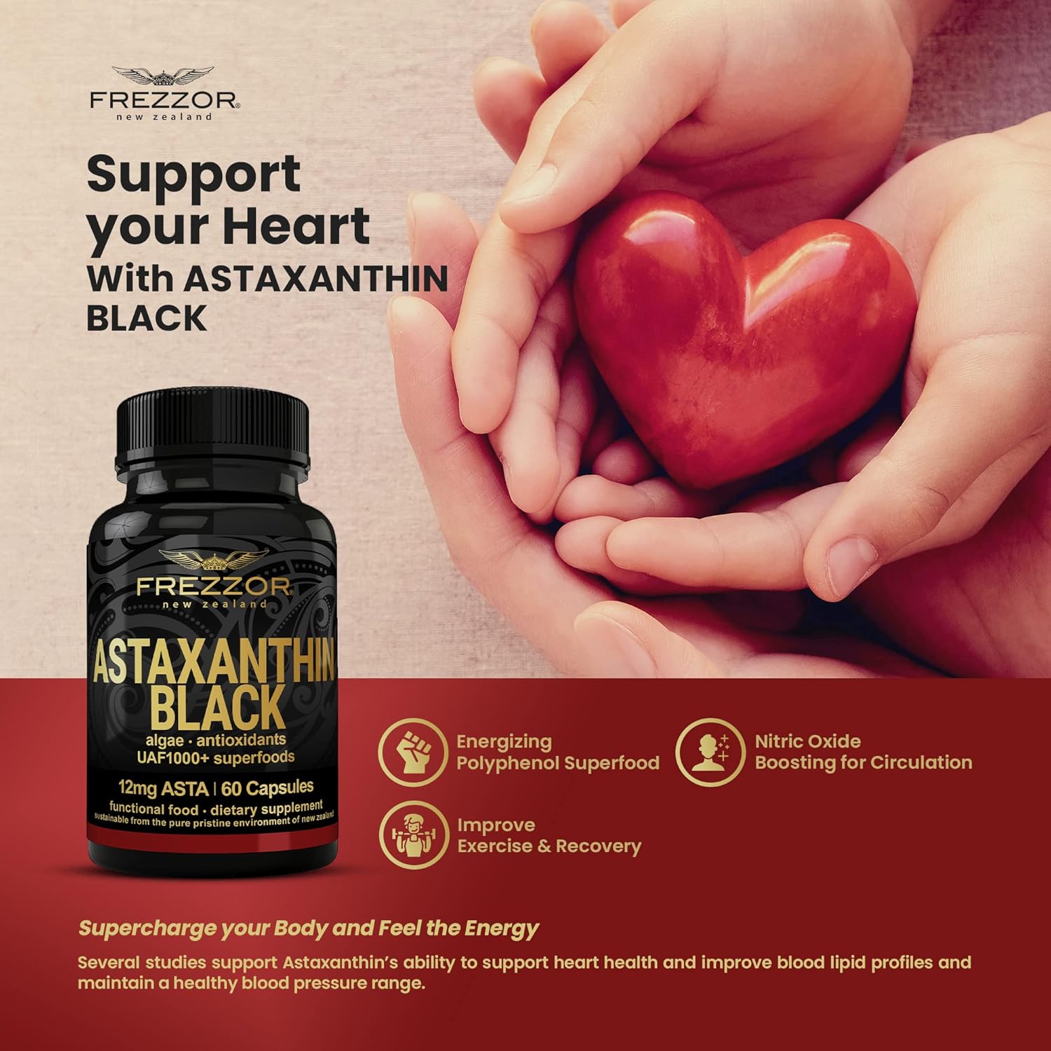 FREZZOR Astaxanthin Black: Super Antioxidant for Heart, Eye & Brain Health, 180 Softgels, 3 Month Supply