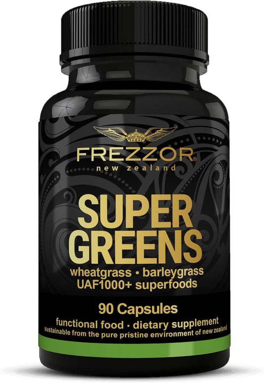 FREZZOR Super Greens Capsules with UAF1000+ for Energy, Antioxidants, and Detox - 90 Capsules