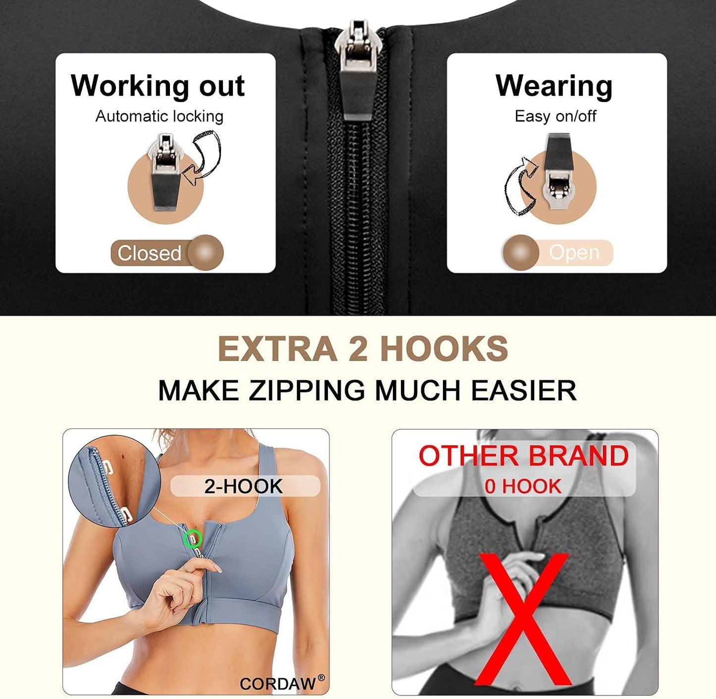 Front Zipper High Impact Sports Bra with Strappy Back Support for Workouts