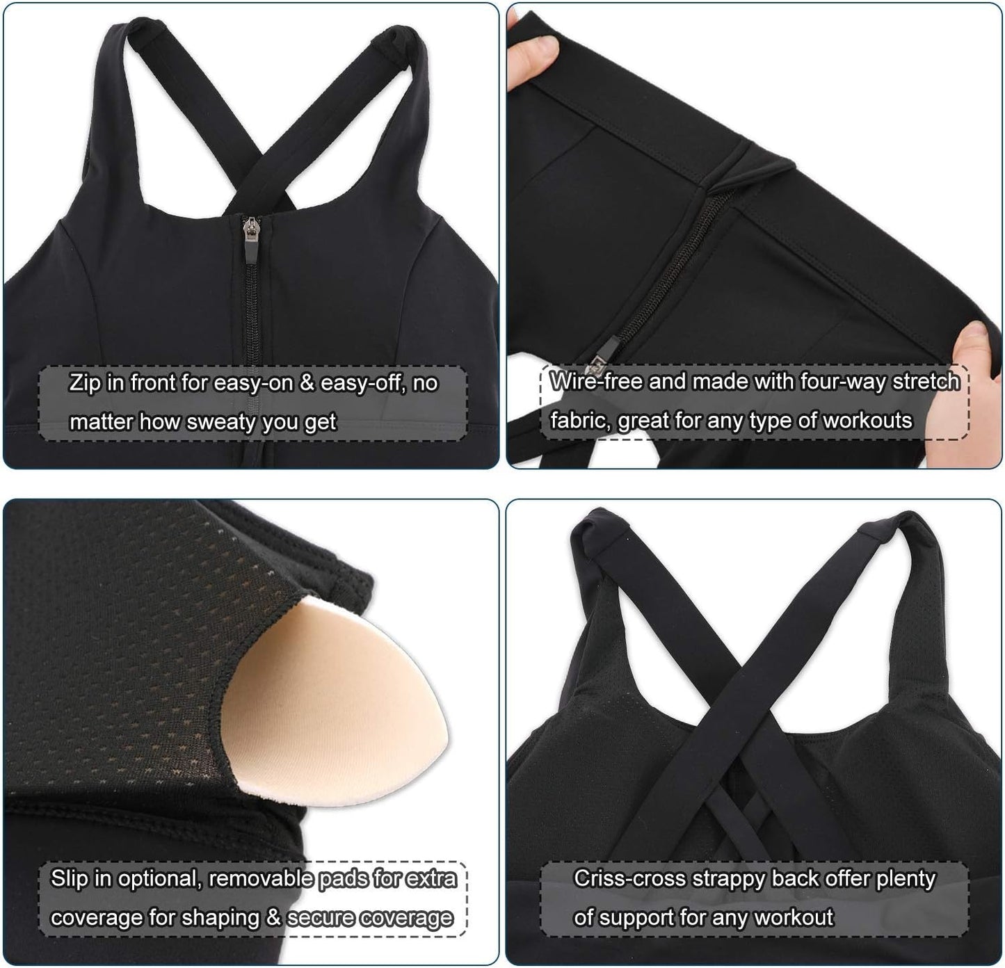 Front Zipper High Impact Sports Bra with Strappy Back Support for Workouts