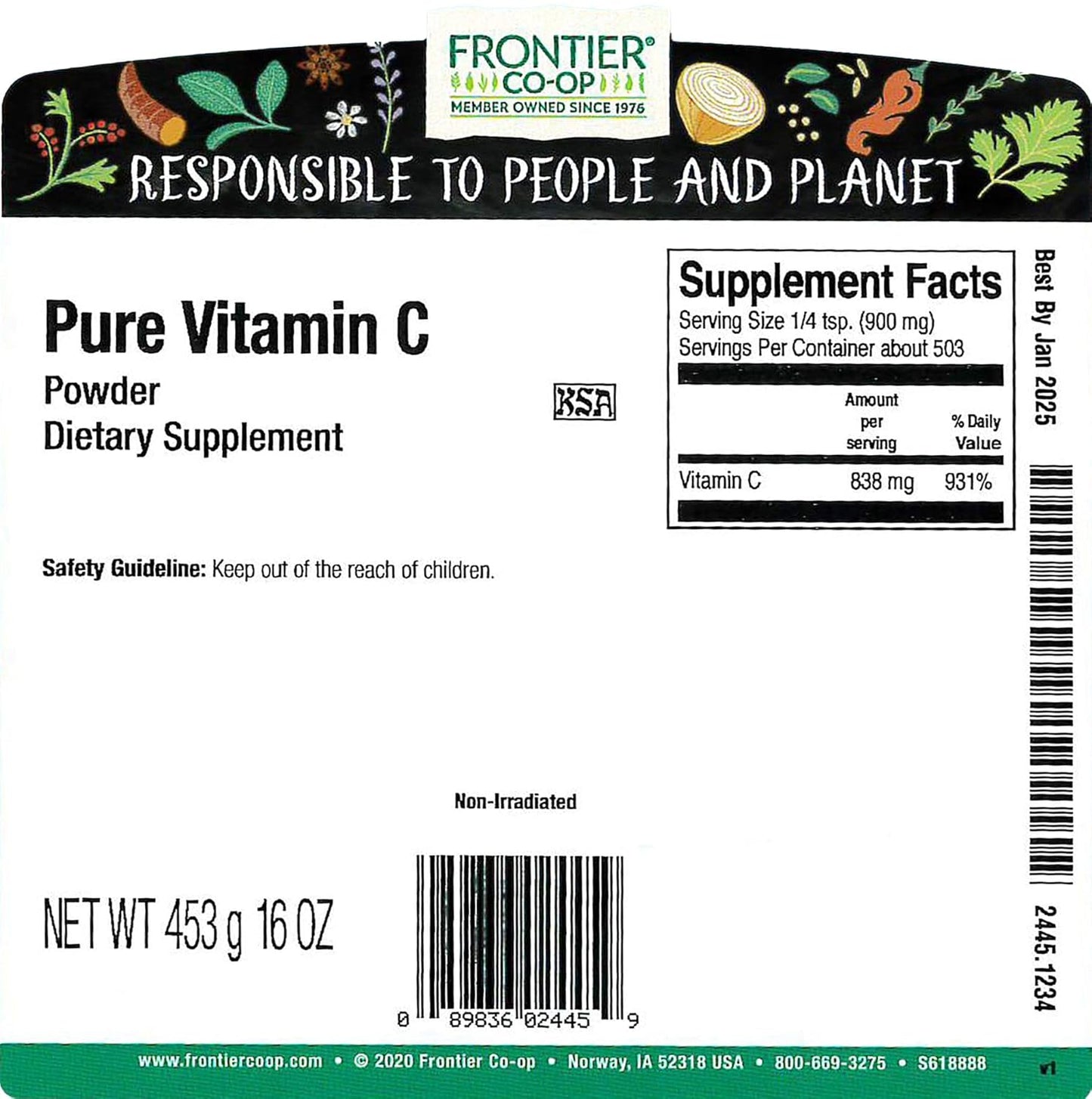Frontier Co-op Bulk Vitamin C Powder - 1 Pound, 3,400 mg Vitamin C/tsp.