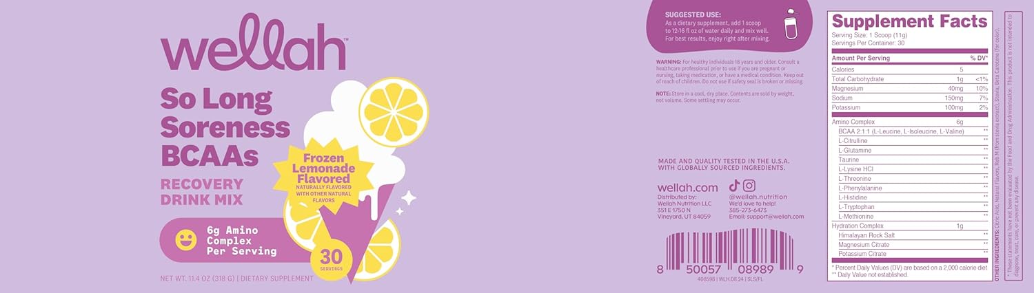 Frozen Lemonade Flavored BCAA Powder for Muscle Recovery and Hydration - 30 Servings by Wellah