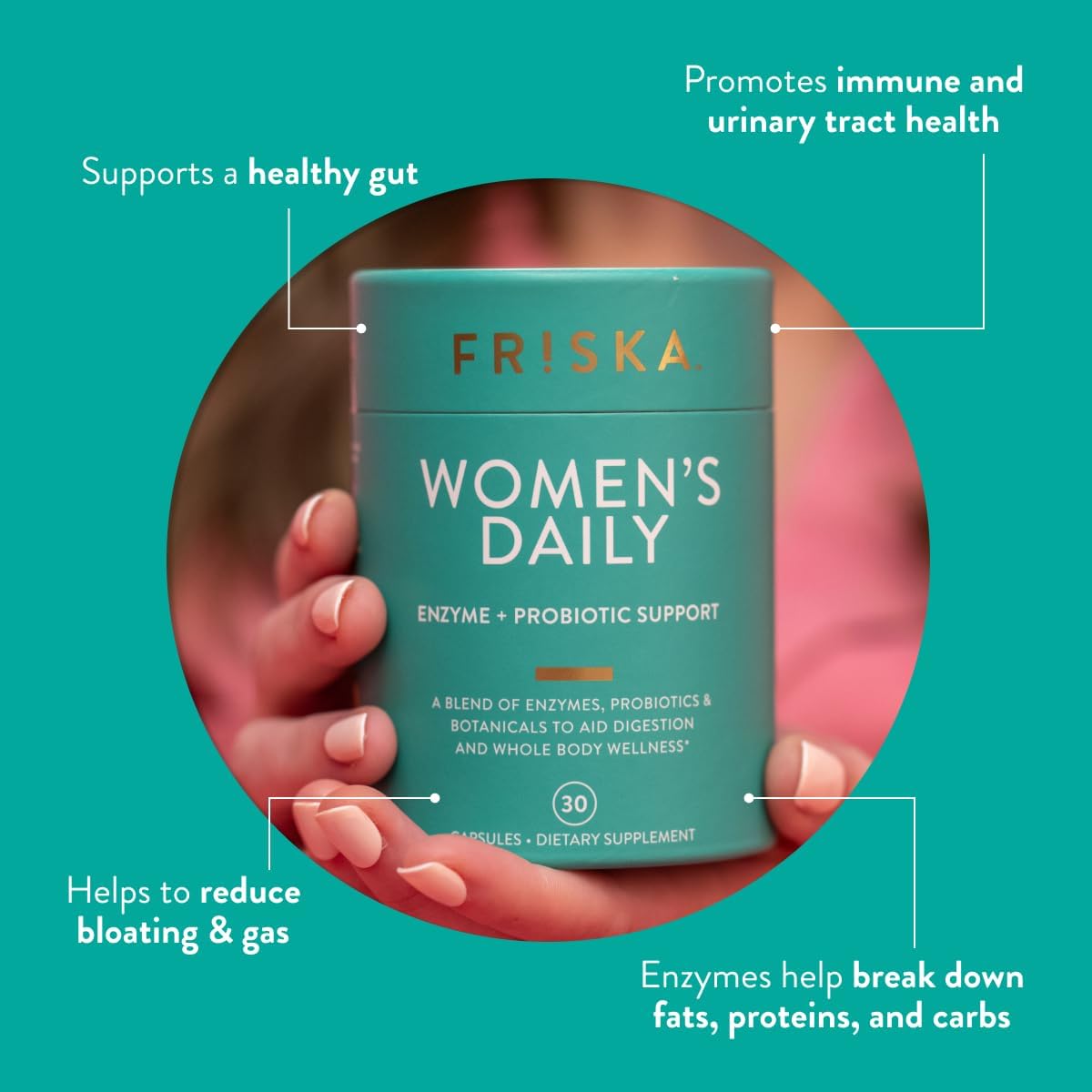 FR!SKA FRISKA Women's Daily Digestive Enzyme & Probiotics 90 Capsules - Natural Support for Digestive Health, Reduces Bloating, Promotes Nutrient Absorption