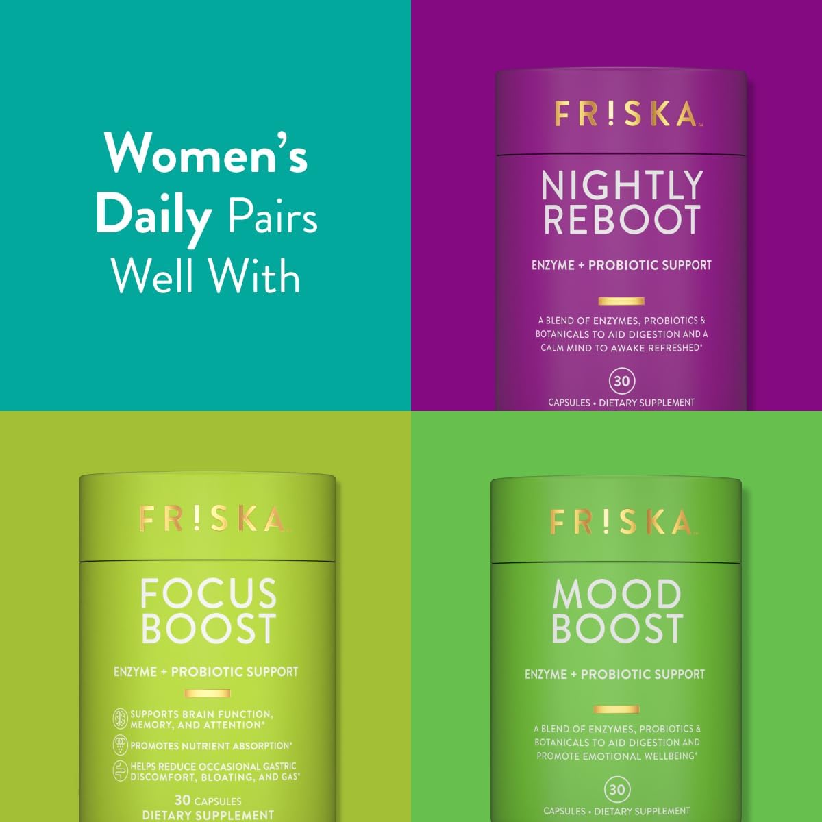 FR!SKA FRISKA Women's Daily Digestive Enzyme & Probiotics 90 Capsules - Natural Support for Digestive Health, Reduces Bloating, Promotes Nutrient Absorption