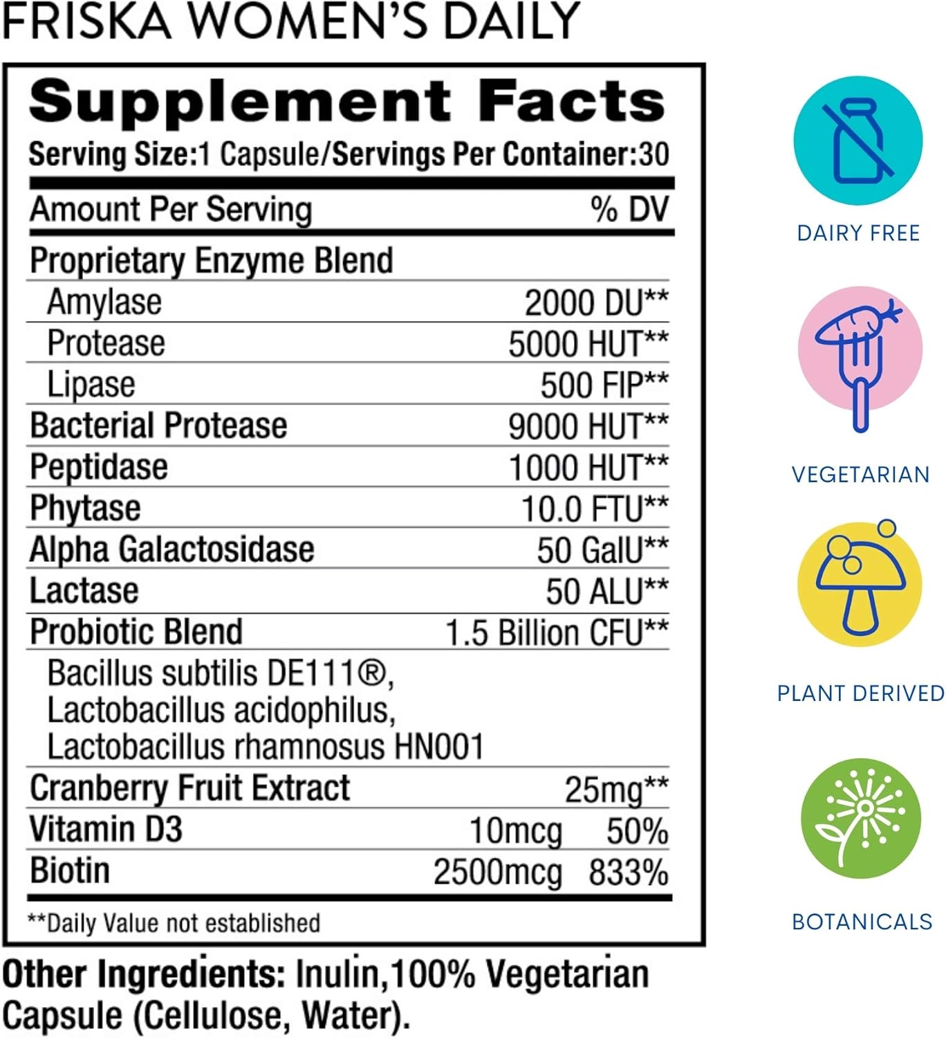 FR!SKA FRISKA Women's Daily Digestive Enzyme & Probiotics 90 Capsules - Natural Support for Digestive Health, Reduces Bloating, Promotes Nutrient Absorption