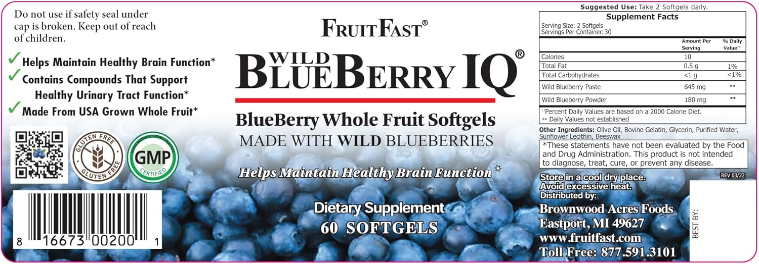 FruitFast Wild Blueberry IQ Softgels | 60 Count, Non-GMO, Gluten Free, Chewable Paste Filled