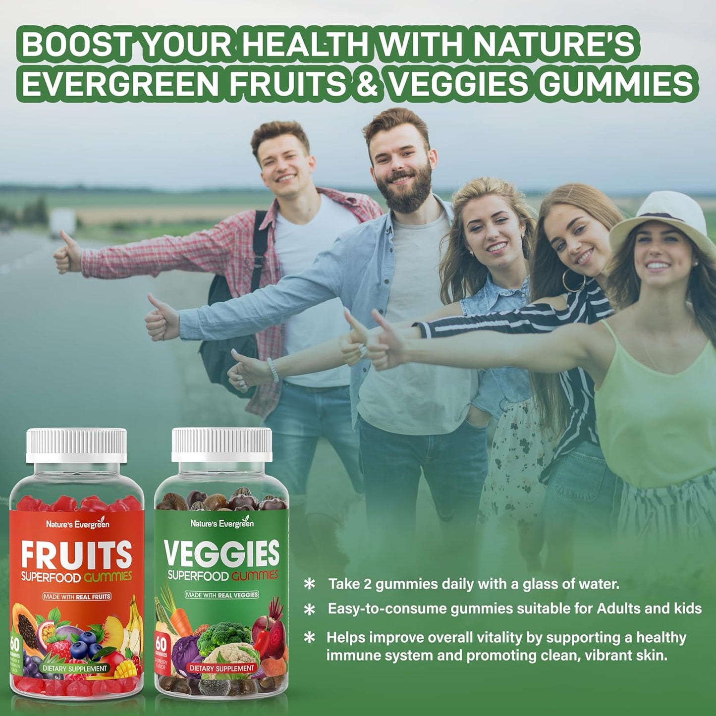 Fruits and Vegetables Superfood Gummies Supplement - 120 Gummies, Vegan, Non-GMO, Gluten-Free - Nature's Vitamins for Nutritional Balance, Made in USA