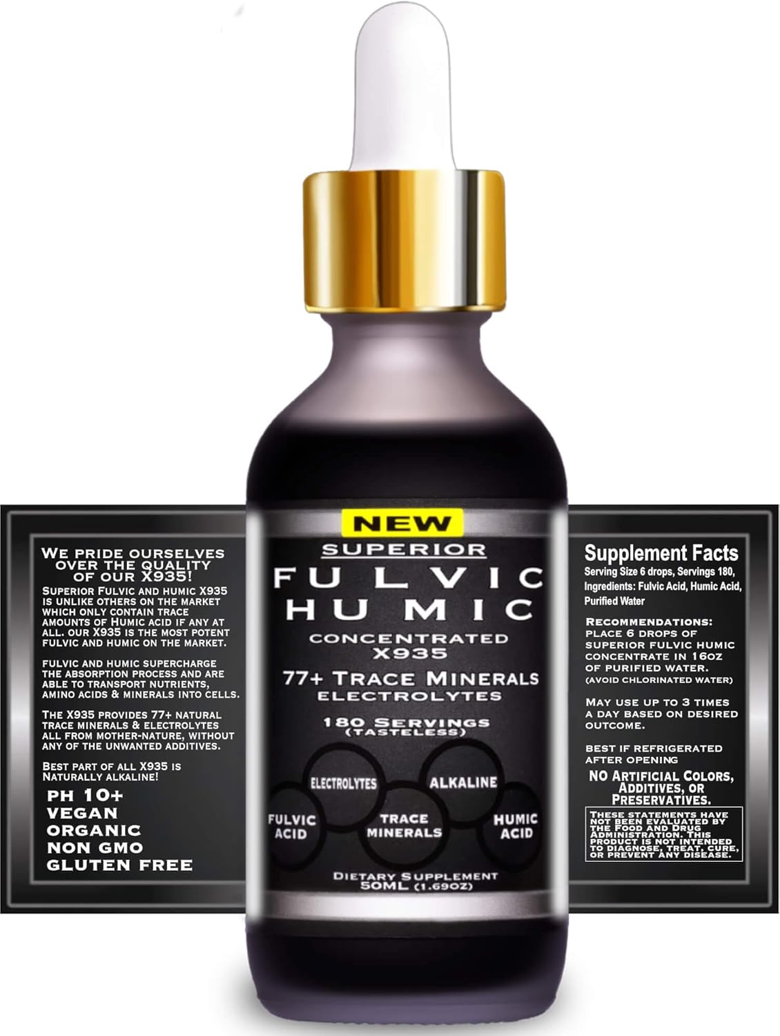 Fulvic Humic X935 Acid: 77 Trace Minerals & Electrolytes for Gut Health - 180 Servings, Easy to Use Alternative to Shilajit