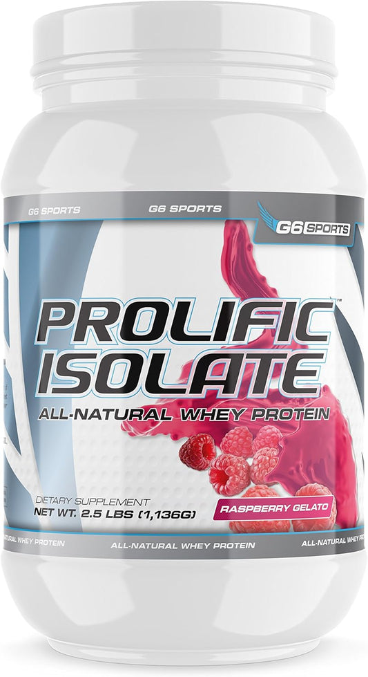 G6 Sports Nutrition Prolific Isolate All Natural Whey Protein Isolate - Gluten, Lactose, and Soy Free - Stevia Sweetened - 25g Protein - 100 Calories - 2.5lb Jar - Raspberry Gelato
