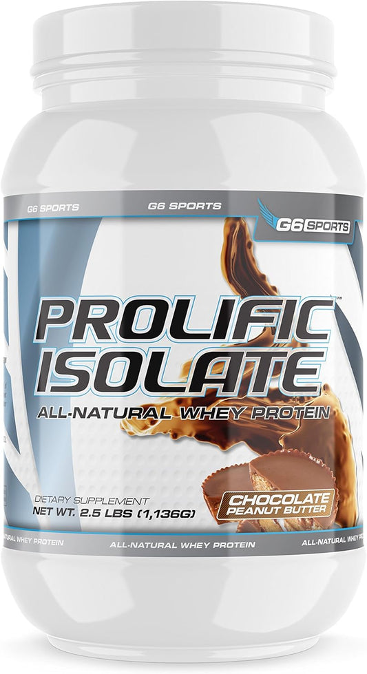G6 Sports Nutrition Prolific Isolate Chocolate Peanut Butter Whey Protein - 2.5lb Jar, All Natural, Gluten/Lactose/Soy Free, Stevia Sweetened (25g Protein, 100 Calories)