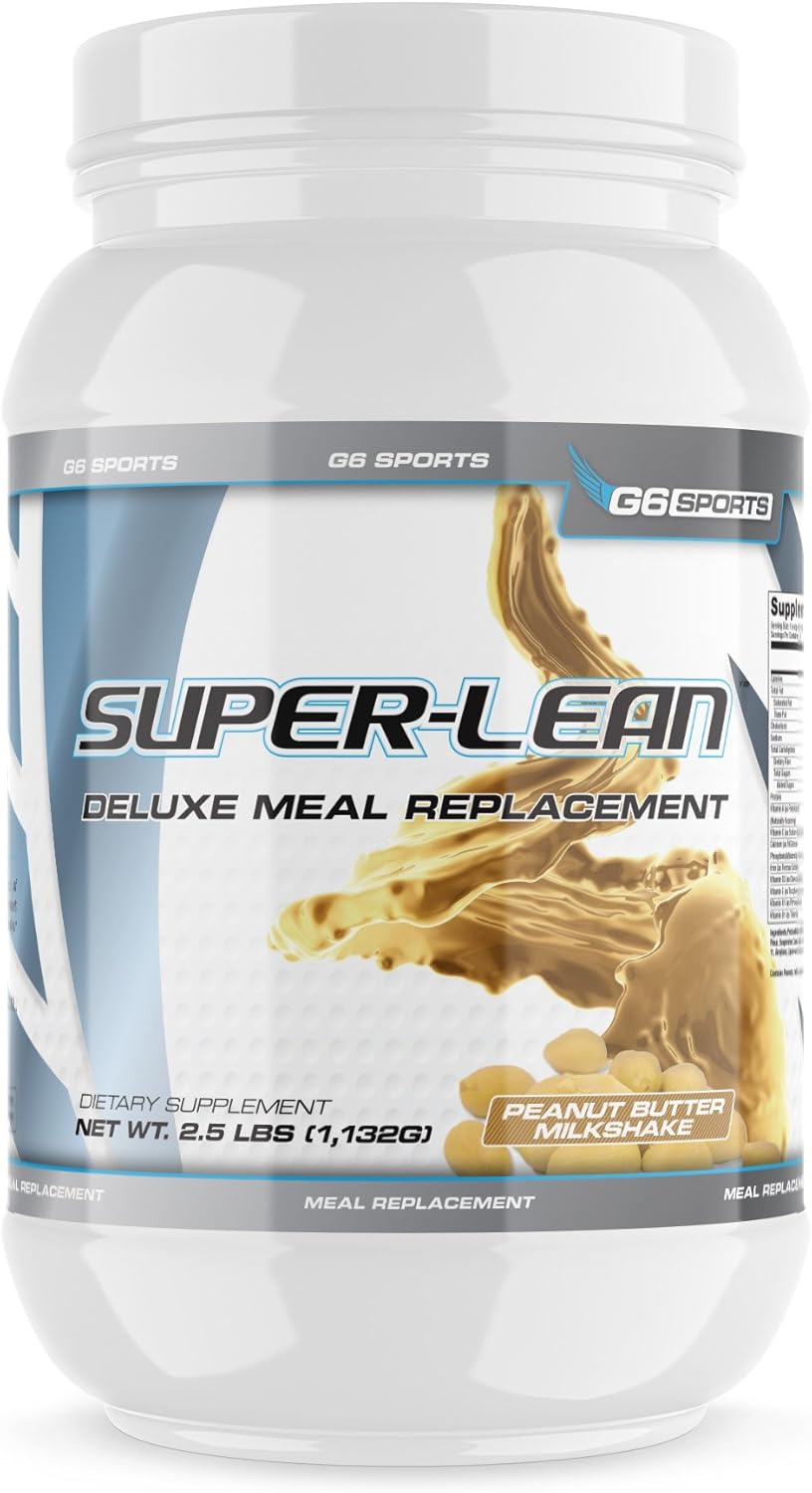G6 Sports Nutrition Super-Lean Deluxe Meal Replacement - Peanut Butter Milkshake - 2.5lb Jar with 32g Protein and 25 Added Vitamins & Minerals