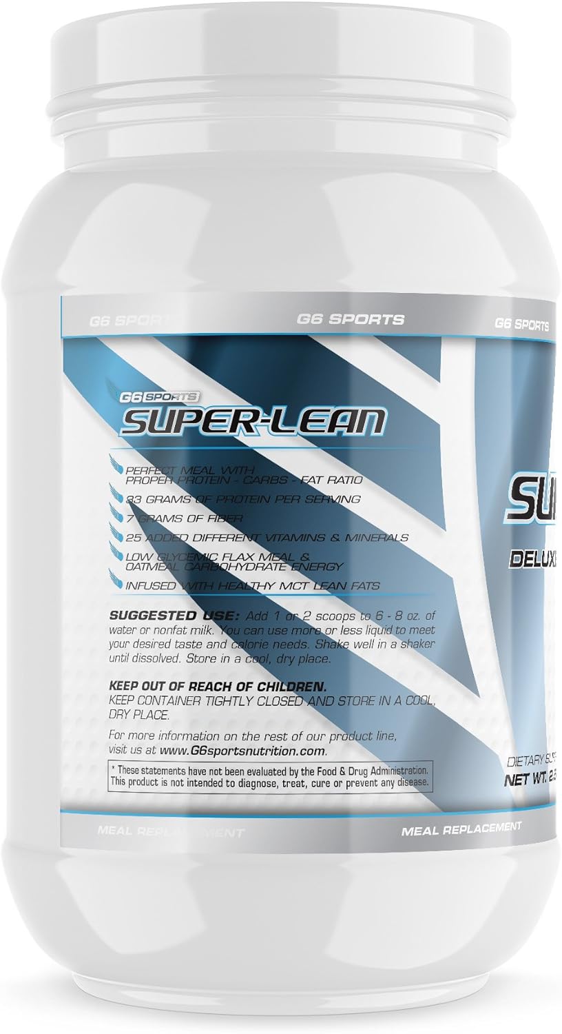 G6 Sports Nutrition Super-Lean Deluxe Meal Replacement - Peanut Butter Milkshake - 2.5lb Jar with 32g Protein and 25 Added Vitamins & Minerals