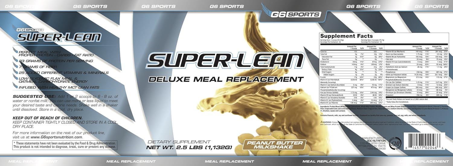 G6 Sports Nutrition Super-Lean Deluxe Meal Replacement - Peanut Butter Milkshake - 2.5lb Jar with 32g Protein and 25 Added Vitamins & Minerals