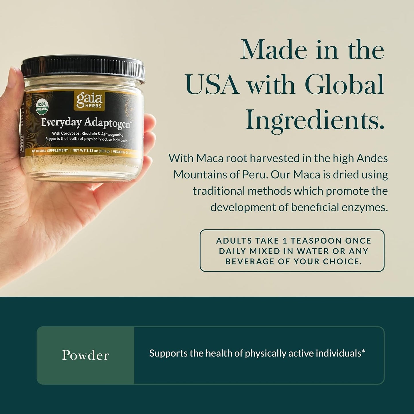 Gaia Herbs Everyday Adaptogen Powder with Maca Root, Cordyceps, & Ashwagandha - Supports Energy & Stress Levels - 3.5 Oz (38-Day Supply)